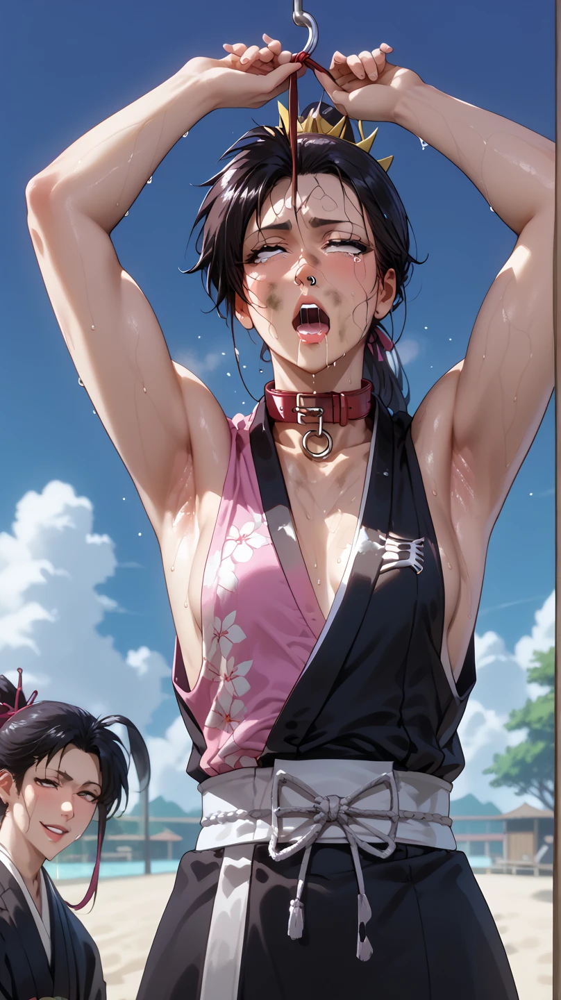 ((((masterpiece, best quality, high resolution)))), Extremely detailed 8K, 1 female, wearing a white Karate gi, (ahegao),white eyes, Small breasts, sash, japanese clothes, No underwear,No eyeballs, Facing the audience, looking at the audience, tired, from below, (Exposed armpit:1.1), ((armpit:1.2)), sexy, Sweating, More and more sweat,(ahegao), (Roll your eyes), open mouth, Sticking out tongue, saliva, Slobber,Skinny, raise arms, (arms above head:1.5)(Ultra HD, Ultra-detailed, Highly detailed, Highly realistic, Ultra-realistic, photograph realistic), (1girl:1.5), (Realistic black hair), (dynamic poses), facing at camera, looking at viewer, (slightly serious face), (perky breasts:1.2), (beautiful detailed face, beautiful detailed eyes), ((worn out karate gi)), (preparing for a fight), sweat, glow, (sunbeam, sunlight), ((cowboy shot)), inside a training gym, seductive, EnvyBetterHands LoCon,