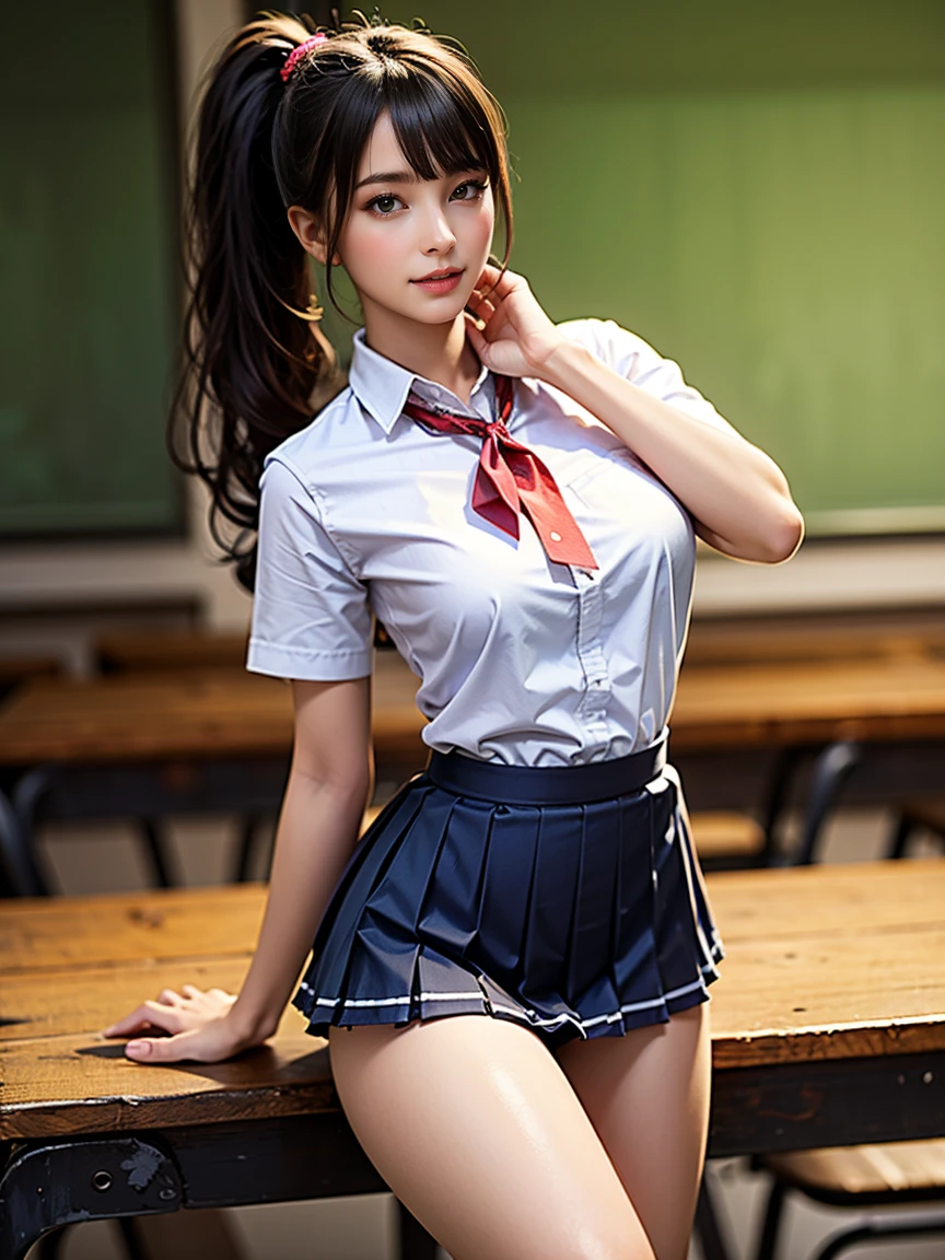 1beautiful young girl, Beautiful girl of the highest grade, Super beautiful detailed face, ponytail, Realistic, extremely detailed CG unified 8k wallpaper, ighly detailed, High-definition raw color photos, professional photograpy, Realistic portrait, Cinematic Light, (Beautiful breasts:), (cleavage of the breast:1.2), (school uniform with wide open chest:1.5), (mini skirt:1.3), (white lace panties:1.5), (squatting:1.1), cameltoe details, Indoors, school, (Best Quality:1.4), Super Detail, High quality,