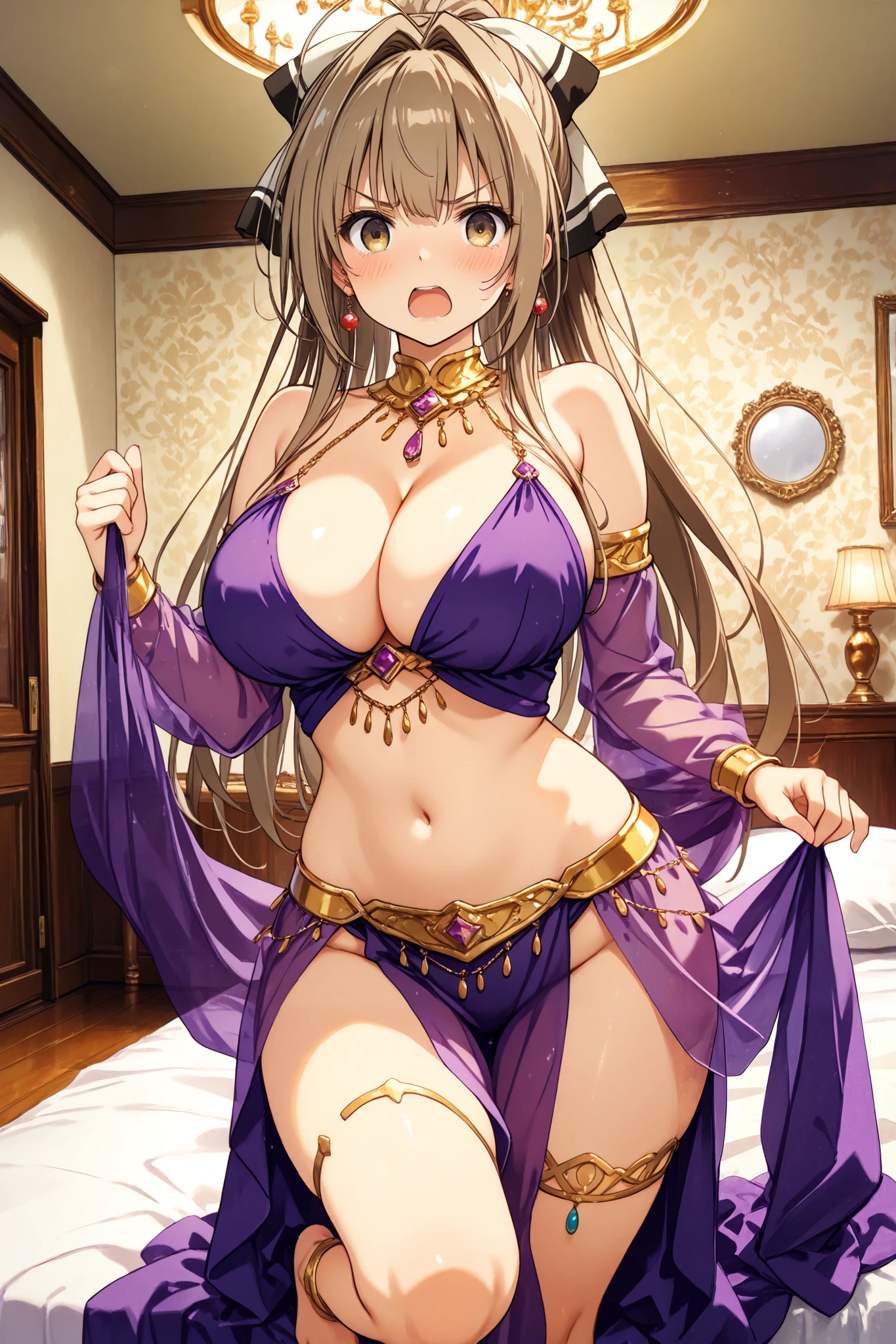 curvy,narrow waist,,masterpiece,best quality,amazing quality,score_9, score_8_ up, score_7_ up, score_6_ up, score_5_ up, score_4_ up, curvy,open mouth,.,blush,wide hip,huge hip,,large breasts,view viewer, ,,sento isuzu.,open eyes,cleavage,dancer, jewelry, ,, navel, detached sleeves, , anklet, earrings, , looking at viewer, large breasts, cleavage,.angry,indoor,bedroom