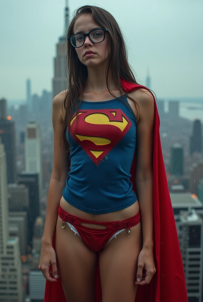 A woman dressed as Superman posing on top of a building., superchica, emma watson as superchica, gal gadot as superchica, superhero body, the super hot and sexy, Alexa Grace, her navel is exposed, second monroe bath-chica, superman pose, amouranth como supervillano, Elizabeth Olsen as Harley Quinn, anime visual of superchica, sexy movie photo