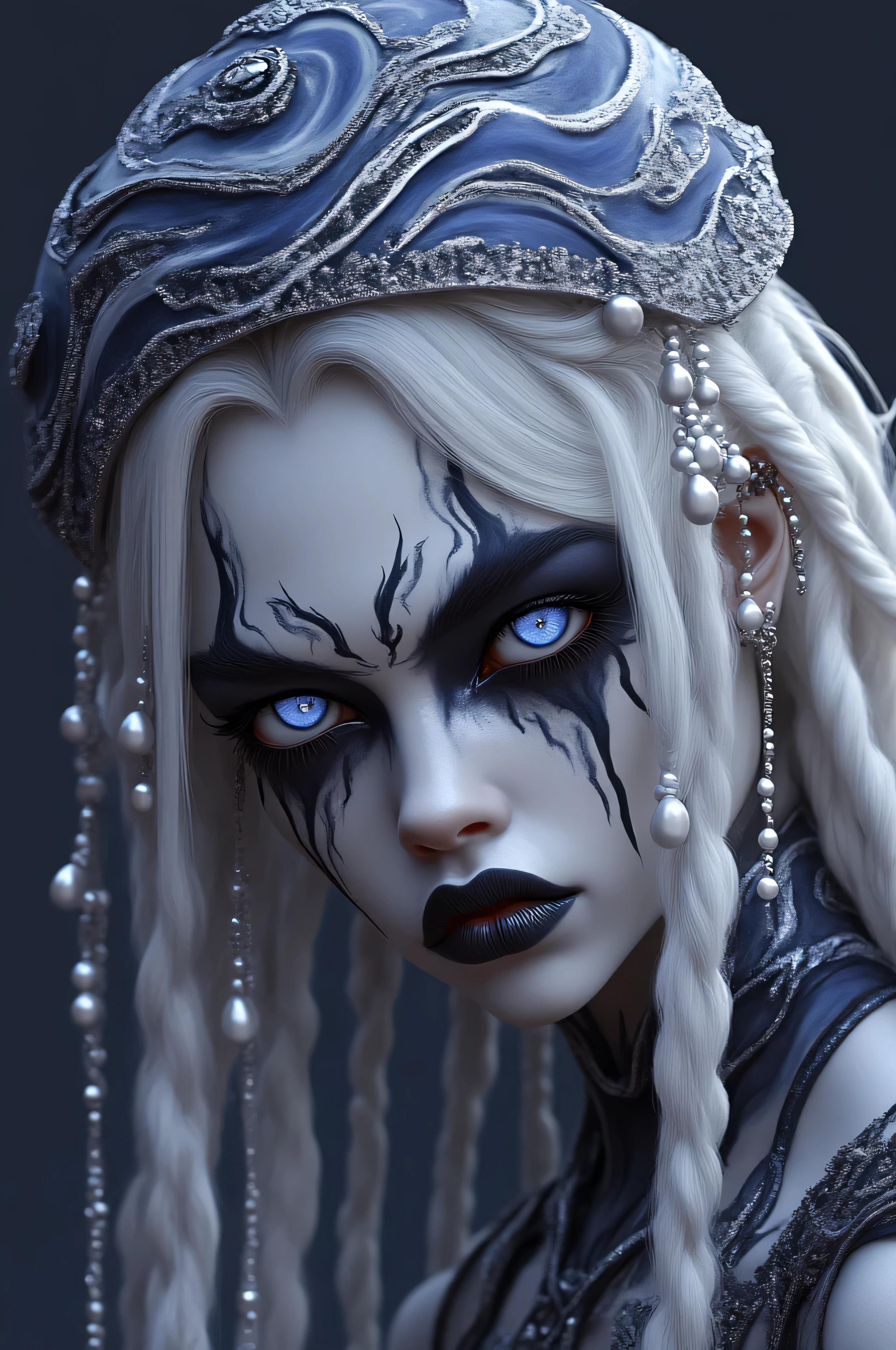 The image is a CGI rendering of a white-skinned woman with amazing blue eyes , long silver braided hair , and black teardrop-like stripes , She wears a blue and silver decorative headdress with dangling pearls and matching clothes , The makeup is elaborate , sharp, pointy eyebrows and dark lipstick , and intricate makeup including blue gradations , enhances the mystical vibe , overall The color palette has a cool blue and silver contrast, and her skin and hair are pure white,NQ shot from the front 、 looking at camera