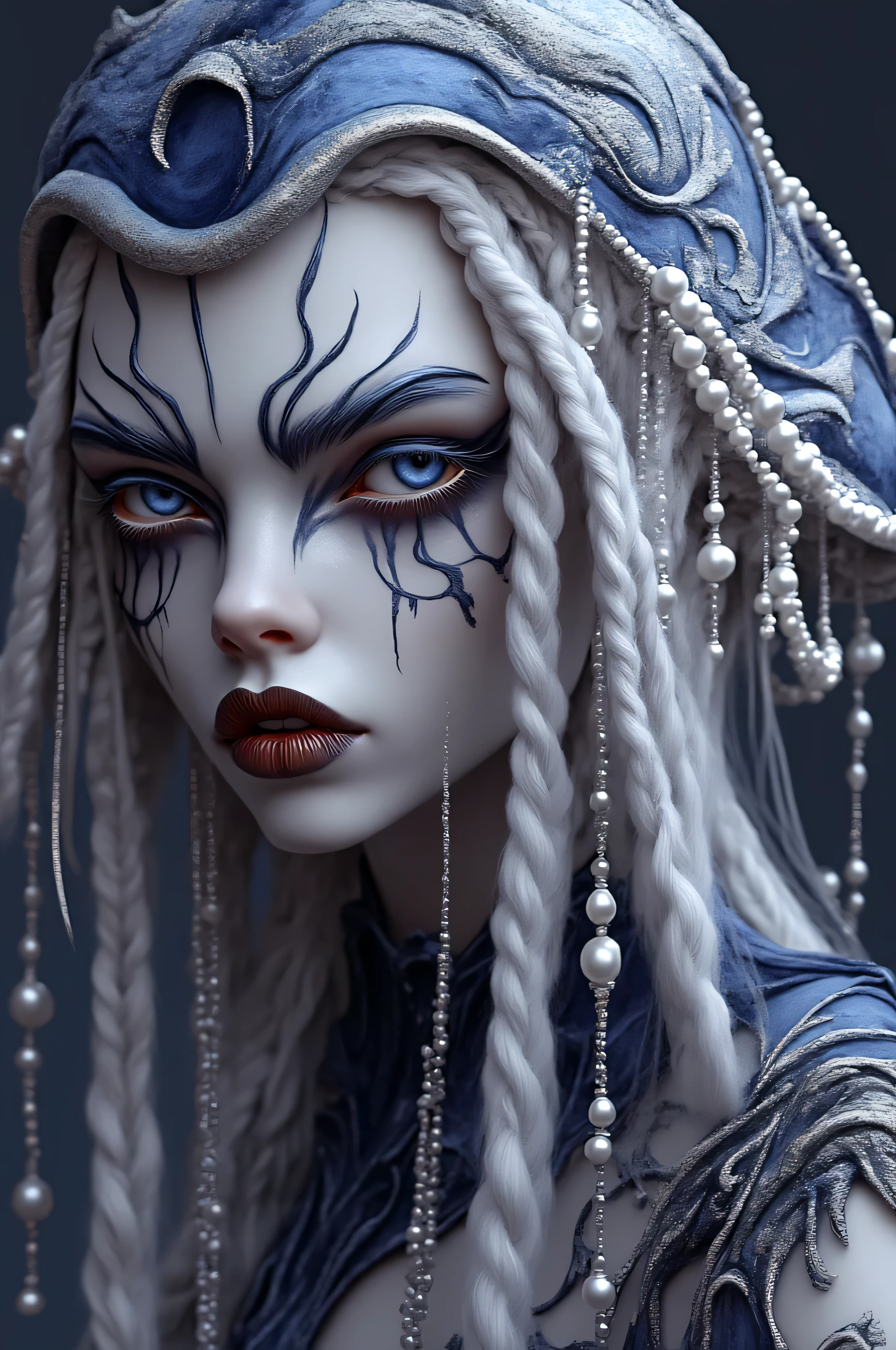 The image is a CGI rendering of a white-skinned woman with amazing blue eyes , long silver braided hair , and black teardrop-like stripes , She wears a blue and silver decorative headdress with dangling pearls and matching clothes , The makeup is elaborate , sharp, pointy eyebrows and dark lipstick , and intricate makeup including blue gradations , enhances the mystical vibe , overall The color palette has a cool blue and silver contrast, and her skin and hair are pure white,NQ shot from the front 、 looking at camera
