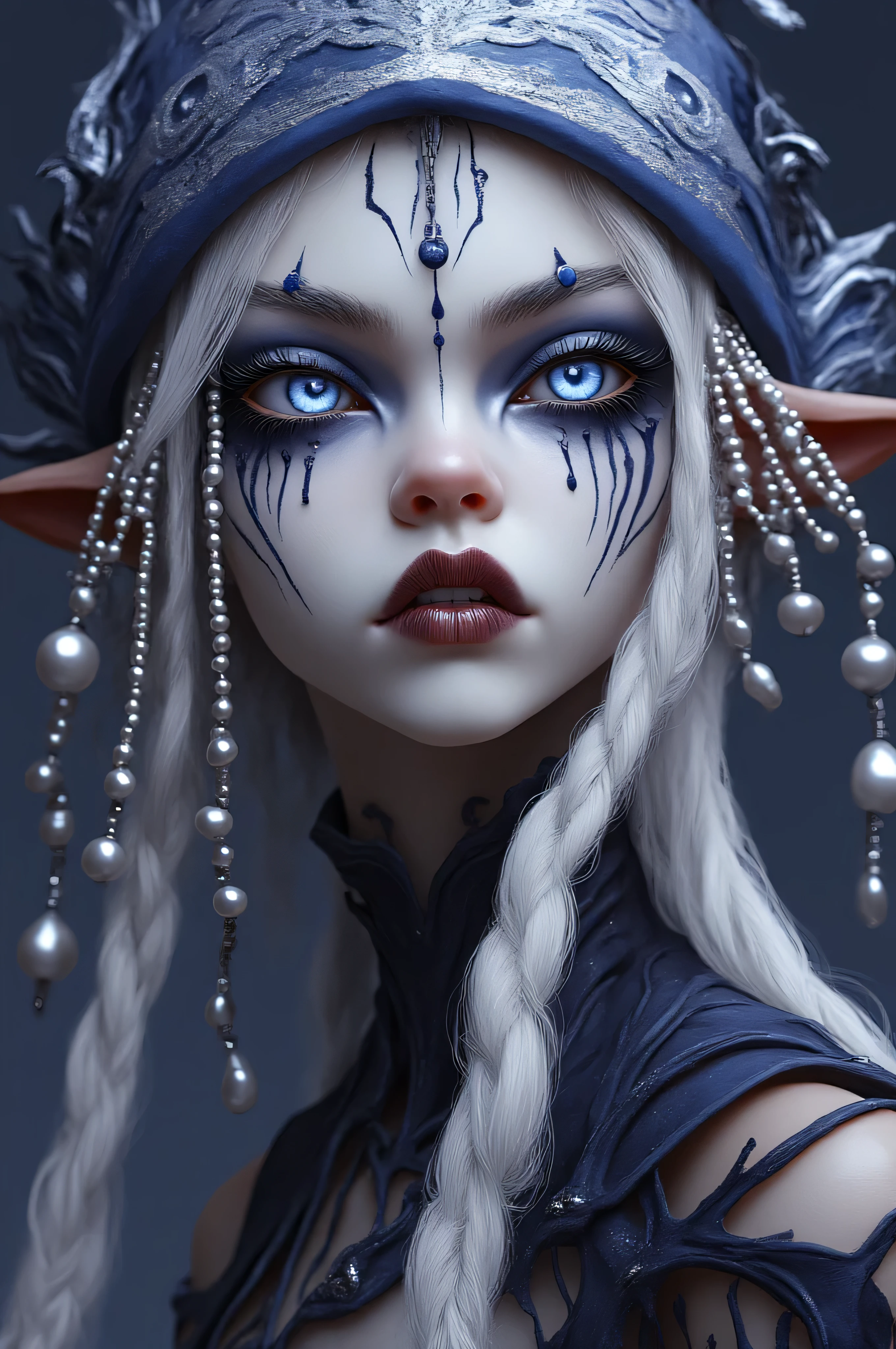 The image is a CGI rendering of a white-skinned woman with amazing blue eyes , long silver braided hair , and black teardrop-like stripes , She wears a blue and silver decorative headdress with dangling pearls and matching clothes , The makeup is elaborate , sharp, pointy eyebrows and dark lipstick , and intricate makeup including blue gradations , enhances the mystical vibe , overall The color palette has a cool blue and silver contrast, and her skin and hair are pure white,NQ shot from the front 、 looking at camera