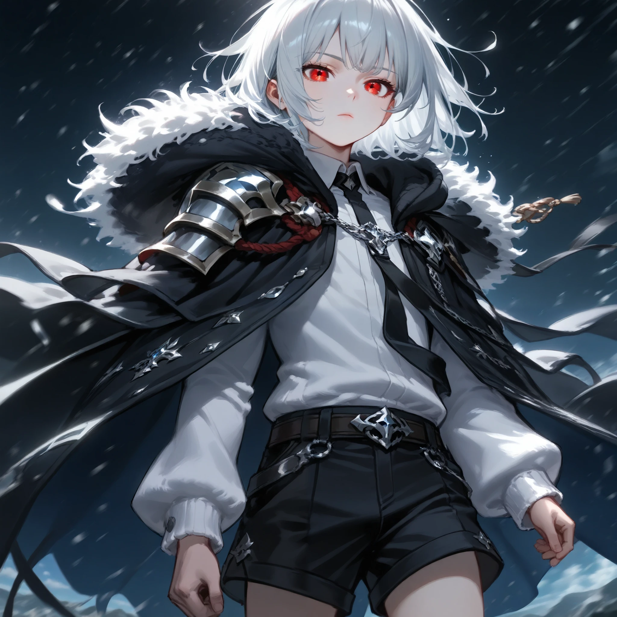 Anime Art Wallpaper 8K Animation, 망토와 흰 셔츠를 입은 boy이 서 있다, boy, badass animation 8k , 4k animated wallpaper, Ark Knights , Red Eyes, silver-haired , short hair , boy, Shota, black shorts , Expressionless, ((BOB HAIR)), Rich hair , Shota