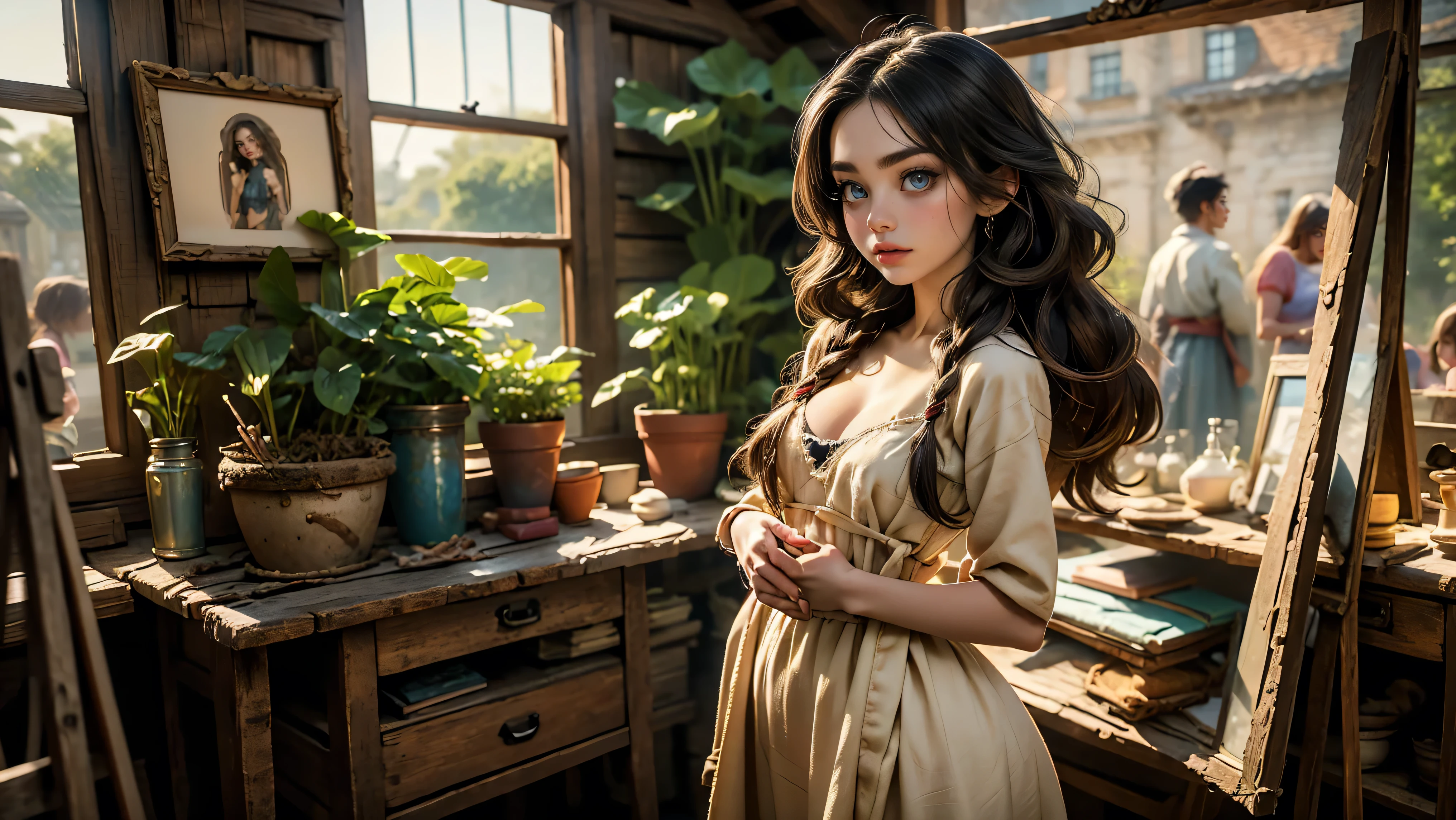 Masterpiece, Hi-detailed, best quality, 8K, (realistic:1.2), ((single girl, solo, only one girl)), standing, ((servant girl)), ((loli)), ((makeup)), ((long eyelashes, mascara, eyeliner)), ((girl standing at the door)), ((welcoming you home, excited for you)), (wanting to embrace you), ((cute, young, yr)), (tall and lanky), (Skinny), (thin frame), (fit, body), (feminine body), (small braids in her hair), (small breasts, round breasts), ((peasant clothes)), ((extremely revealing)), cleavage, beautiful, perfect face, perfect body, large eyes, blue eyes, standing looking at a beautiful vista, Middle Ages, Fantasy,