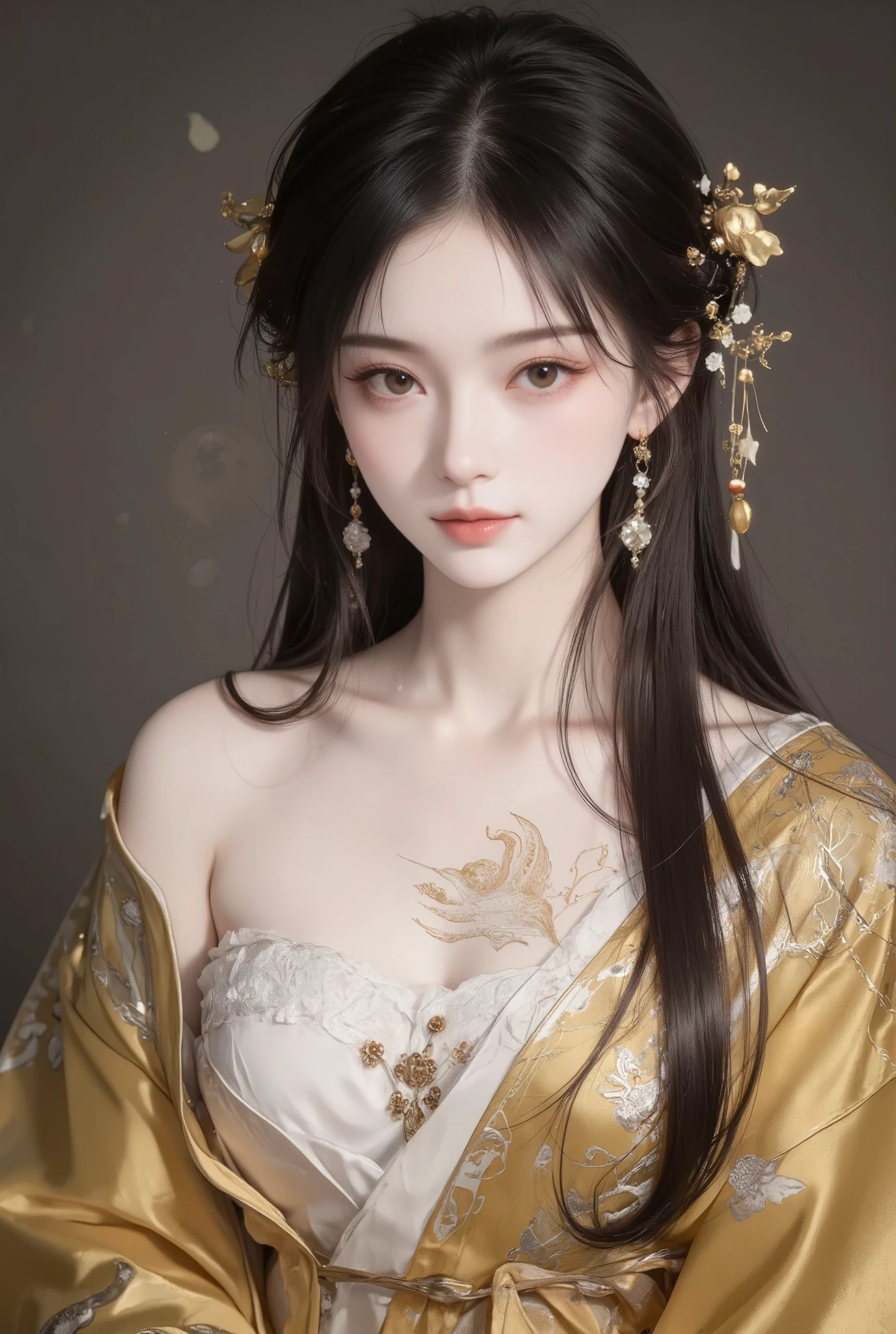 A young woman in her early 20s, inspired by a cultivation story. Her smooth, milky skin has a delicate texture reminiscent of a porcelain doll. She has a small, cherry-like nose and deep, watery eyes that reflect serenity and wisdom. Her long, straight black hair cascades gracefully down to her chest. She wears no makeup or jewelry, highlighting her natural beauty. Her outfit is a traditional, flowing gold robe with intricate details, embodying elegance and grace. On her chest is a detailed, striking white phoenix pattern, symbolizing purity and strength. The overall atmosphere is mystical and serene, typical of a cultivation world setting, Ancient tionghoa design.