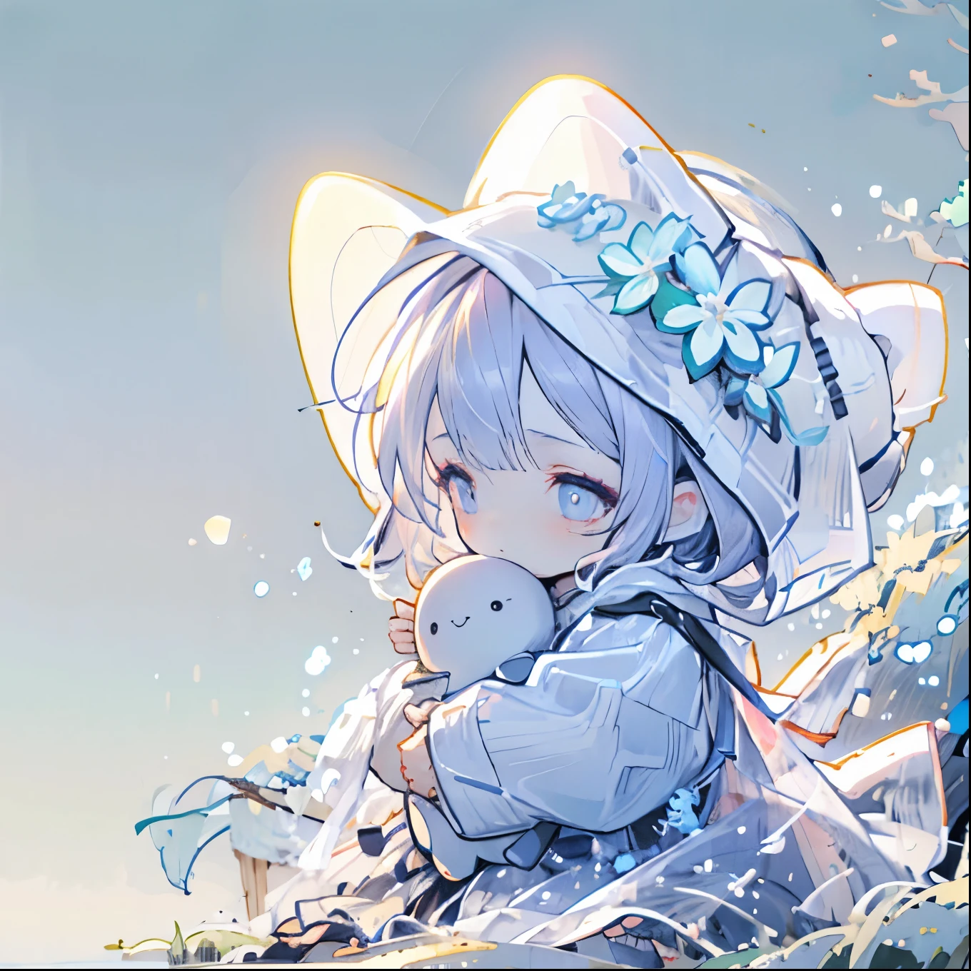 1 girl、 short hair while on a business trip、JEWEL EYES 、 Multi Colored Hair( Silver Hair、 light purple hair,1:1) wear a jellyfish hat、Sesame seal、 hug、Night Sky