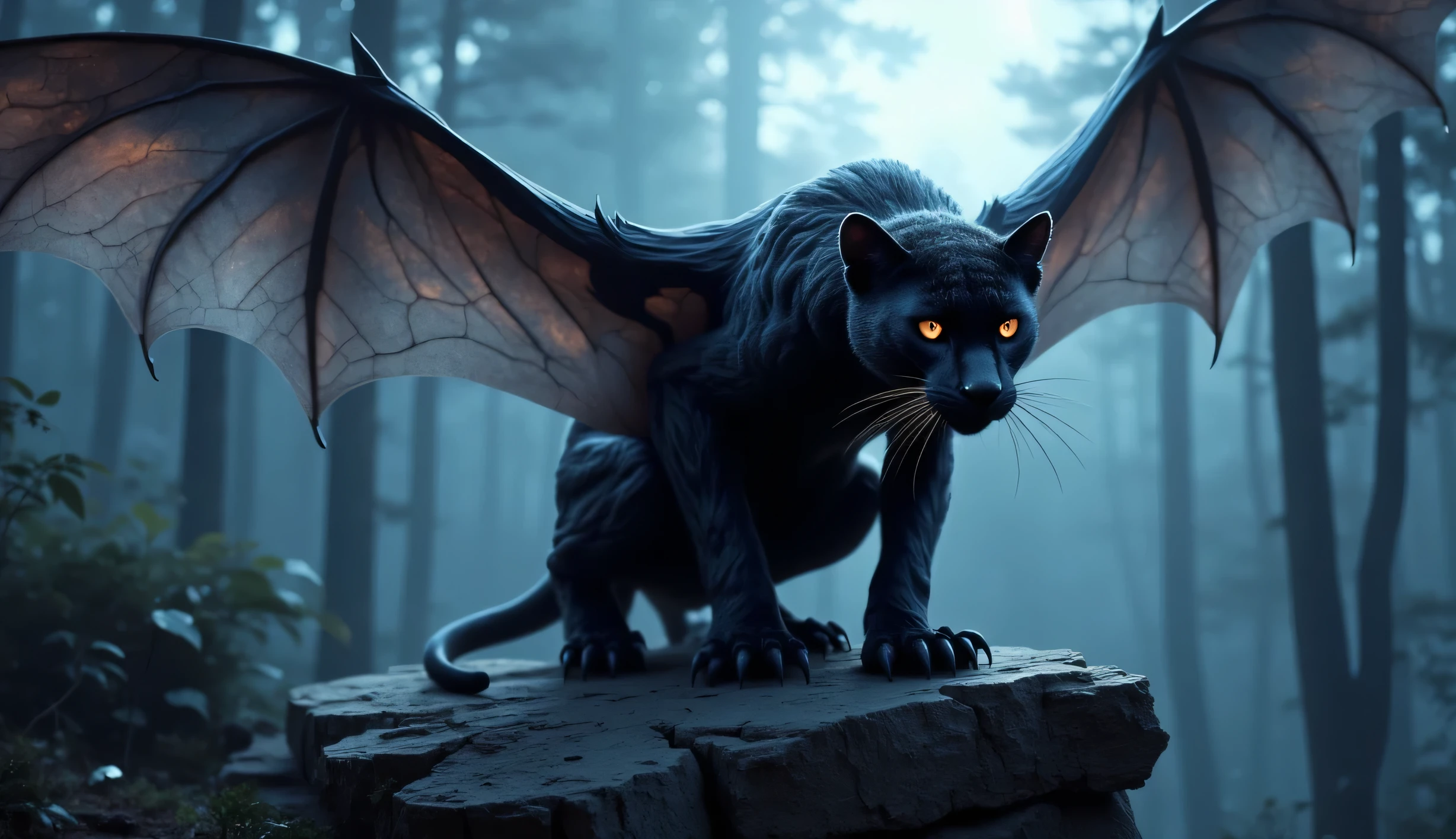 A sleek hybrid of a panther and a bat crouches on a rocky ledge under a moonlit sky with full body. Its fur is jet black and glossy, seamlessly blending into membranous, leathery wings that stretch wide. Sharp claws glint in the pale light, and its glowing red eyes scan the forest below. Tiny, vein-like patterns are visible in the wings, adding to its eerie realism.