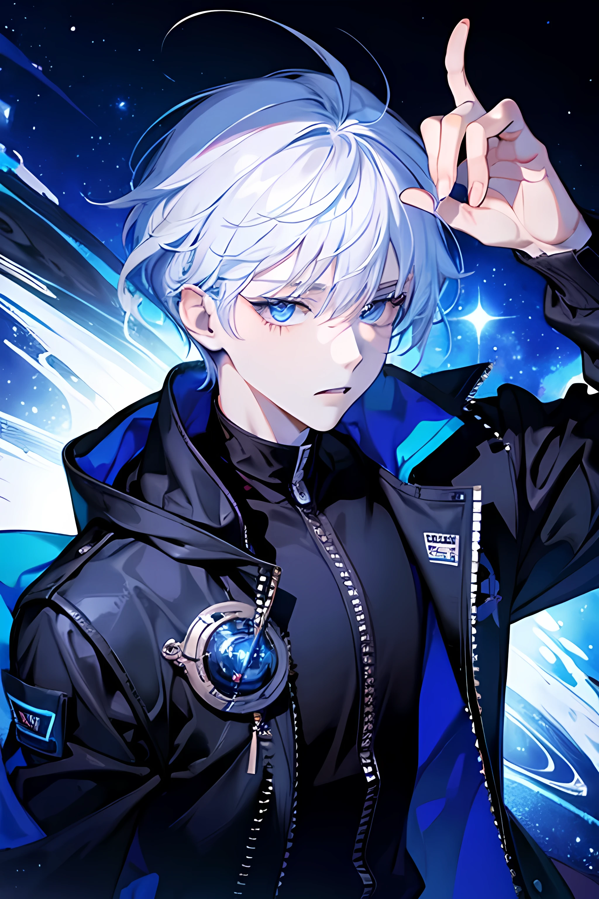 ((best quality)), ((masterpiece)), (detailed), boy, cool, wearing a black hoody, white hair,
blue eye, backdrop infinity space