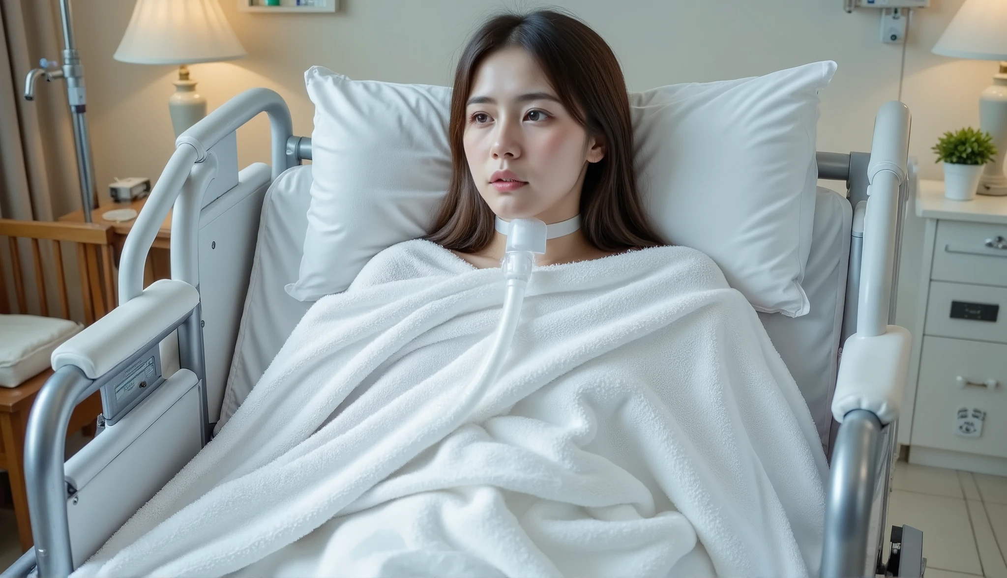 "Create a respectful and realistic image of a paralyzed young woman lying on a hospital bed in her bedroom. Her legs are gently positioned apart for comfort, and a ventilator is attached to her neck, assisting her breathing. The room is softly lit, emphasizing a warm and caring environment. The focus is on providing a sense of dignity and the medical care she is receiving, with subtle details like neatly arranged bedding and a calm, supportive atmosphere."