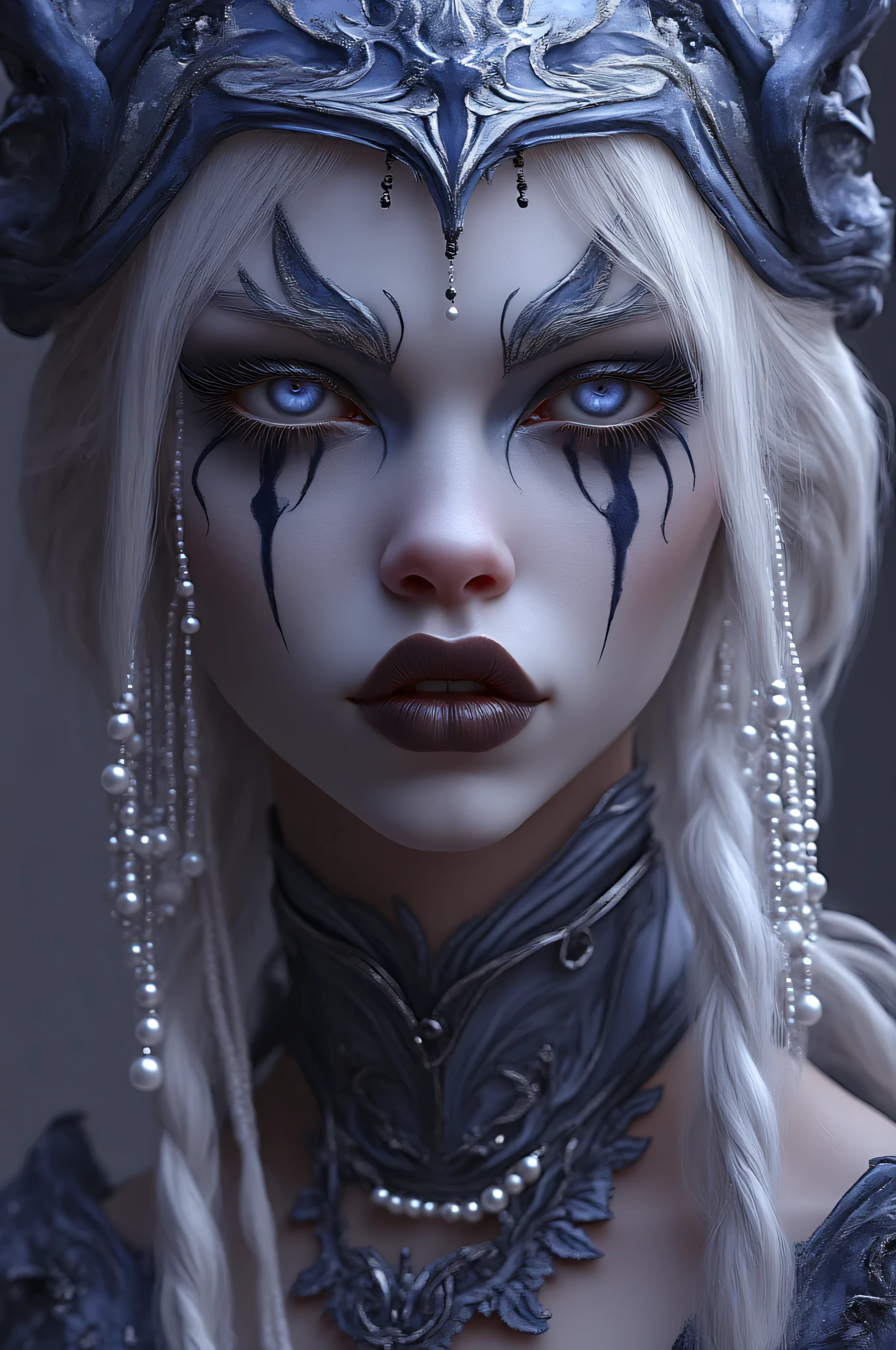 The image is a CGI rendering of a white-skinned woman with amazing blue eyes , long silver braided hair , and black teardrop-like stripes , She wears a blue and silver decorative headdress with dangling pearls and matching clothes , The makeup is elaborate , sharp, pointy eyebrows and dark lipstick , and intricate makeup including blue gradations , enhances the mystical vibe , overall The color palette has a cool blue and silver contrast, and her skin and hair are pure white,NQ shot from the front 、 looking at camera