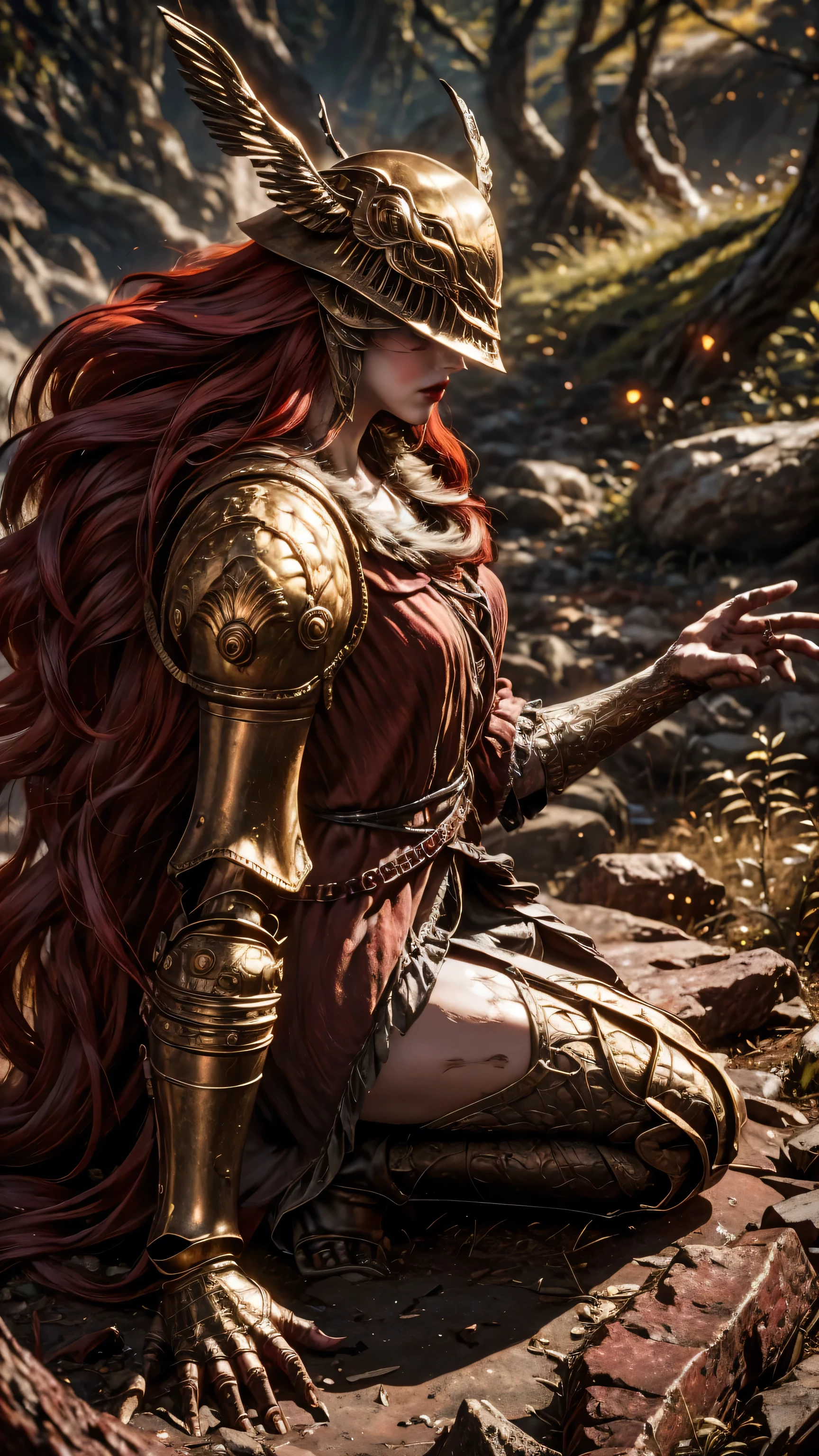 From above, High angle shooting, in the center of the Elden Ring , young and beautiful Malenia , long red hair , Blood hair , Malenia's helmet , sexy Marenia's armor , Carrying a big sword. on the hillside of a curse tree crying with blood, dust, Red energy, epic sexy pose , 3/ 4 silhouettes and kneeling , create the dark atmosphere of Elden Ring , energy and neon lights . high quality, super detailed , beautiful and pleasing , masterpiece, 4K, ray tracing, Medium build, close up, Low Angle of View, particles and intense neon glitter , focuses on red and black ,