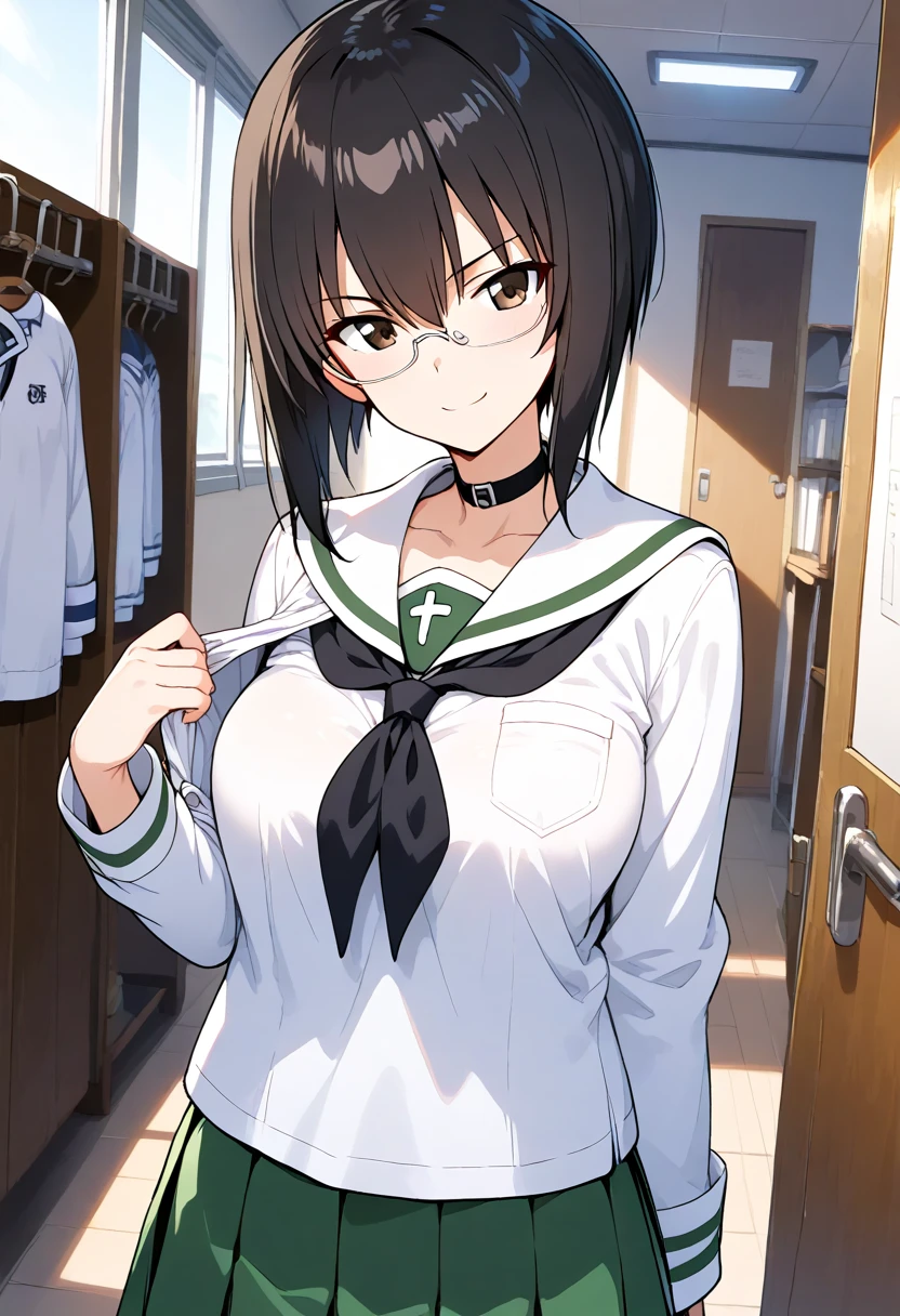 ((1 girl))、smile、small breastsのヌード、(cowboy shot)、(cardigan)、chest roll up clothes,pull clothes,((flat chest:1.3))、((I can see your nipples:1.5)),(NSFW), No bra, (black skirt),look down, ((classroom:1.5))Upper body,classroomのシャツロールアップシャツセーター高解像度,look down, Upper body,hair,Fair skin,classroom,small breasts,shaved pussy、single blade