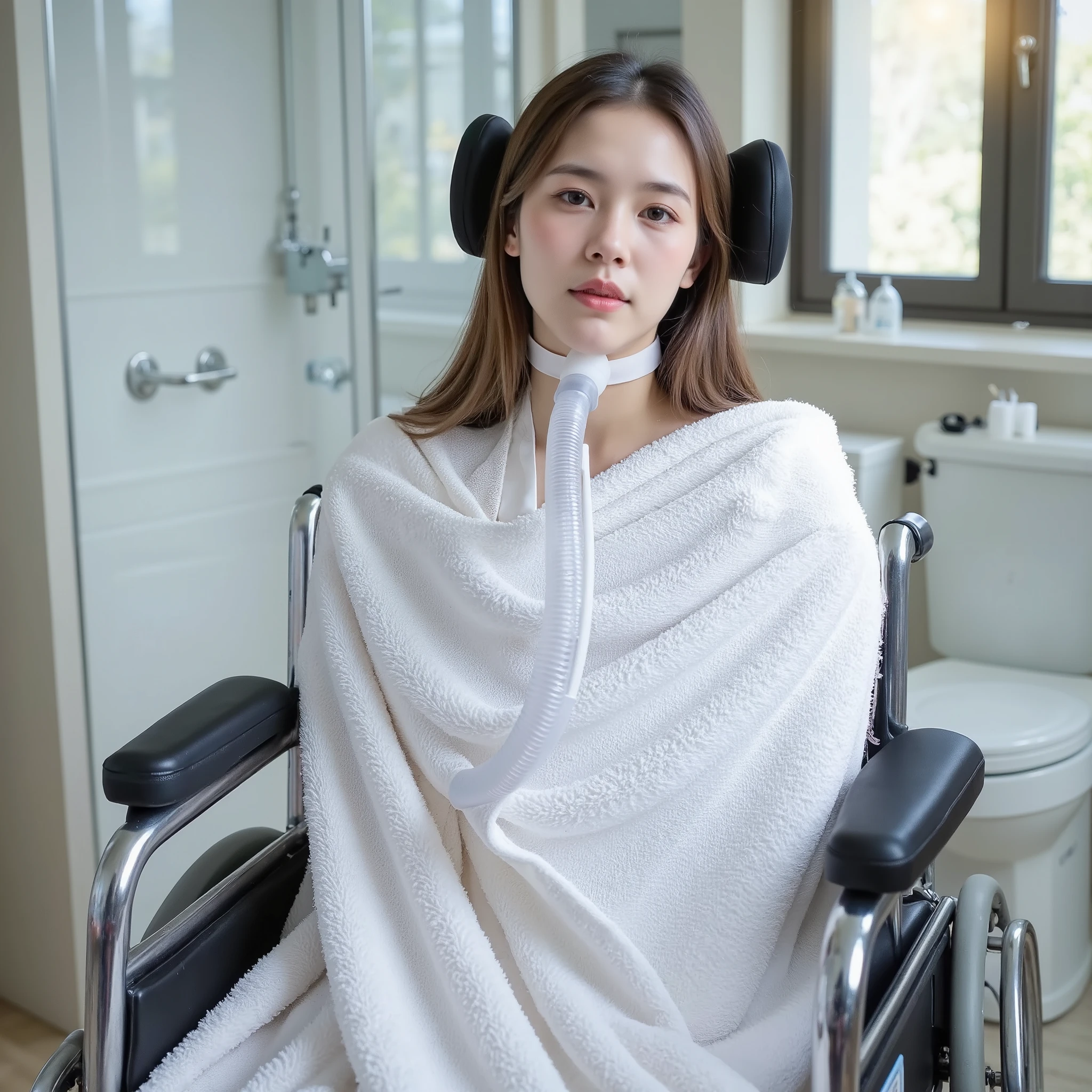 "A realistic depiction of a young paralyzed woman lying with her eyes open in a reclining wheelchair with wheelchair headrest neck support in a cozy home setting. She is wearing a blue hospital gown, and a ventilator tube is connected to her neck, signifying her reliance on assisted breathing. Her gaze is calm yet distant, reflecting her state of being. A caregiver stands beside her, gently covering her with a rough white towel. The towel appears textured, with coarse, uneven fibers catching the light, conveying its practicality and frequent use. The room is softly lit, with subtle details like warm-toned curtains and a small table holding medical supplies, emphasizing the atmosphere of care and support.