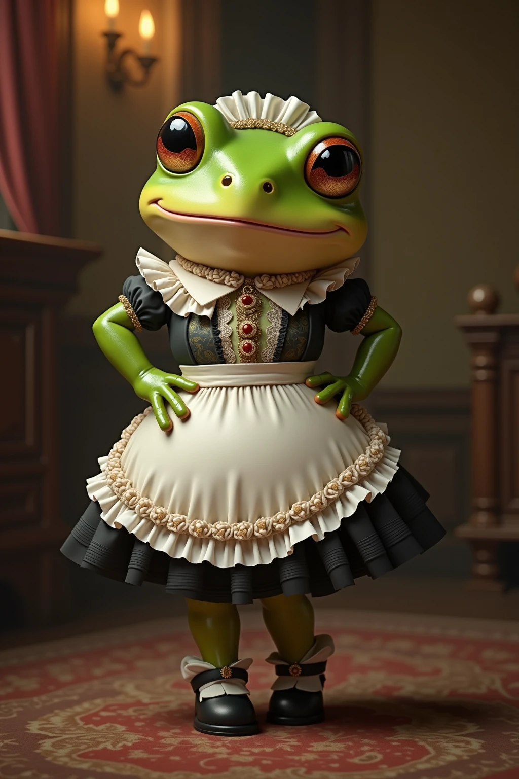 photorealistic portrait of Dressed animals-a (fat) ((toad) dancer,(), (elegant pose:1.5), (hands on hips:1.5),(smile:1.5),high quality,(happy),(lovely) ,intricate details, Wearing bustier, (), highly detailed ((bustier)) ,highly detailed decorations of clothes, Fishnet panty horse , (happy), soft lighting,(full body image:2.0),luxury hotel room background,(high heels),