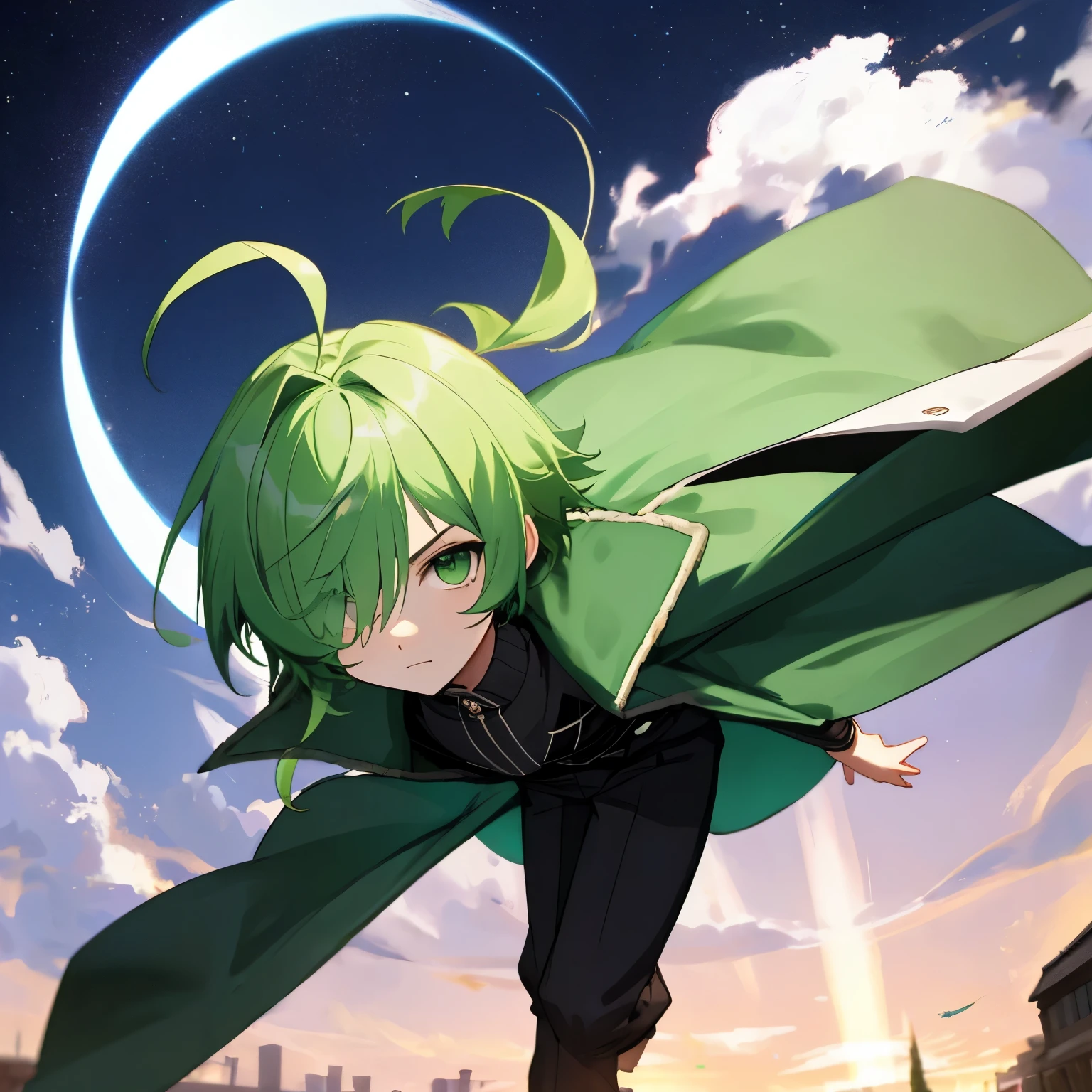 (boy), green ivy hair, green eyes, short cut, side part, ahoge, hair over one eye, thin eyebrows, young, expressionless, alone, short, Shota, solo, acrobat Style, outside, at night, Thin, falling, reverse position, grinning, serious look, intelligent, determined, looking at viewer, coat, pants, in the sky