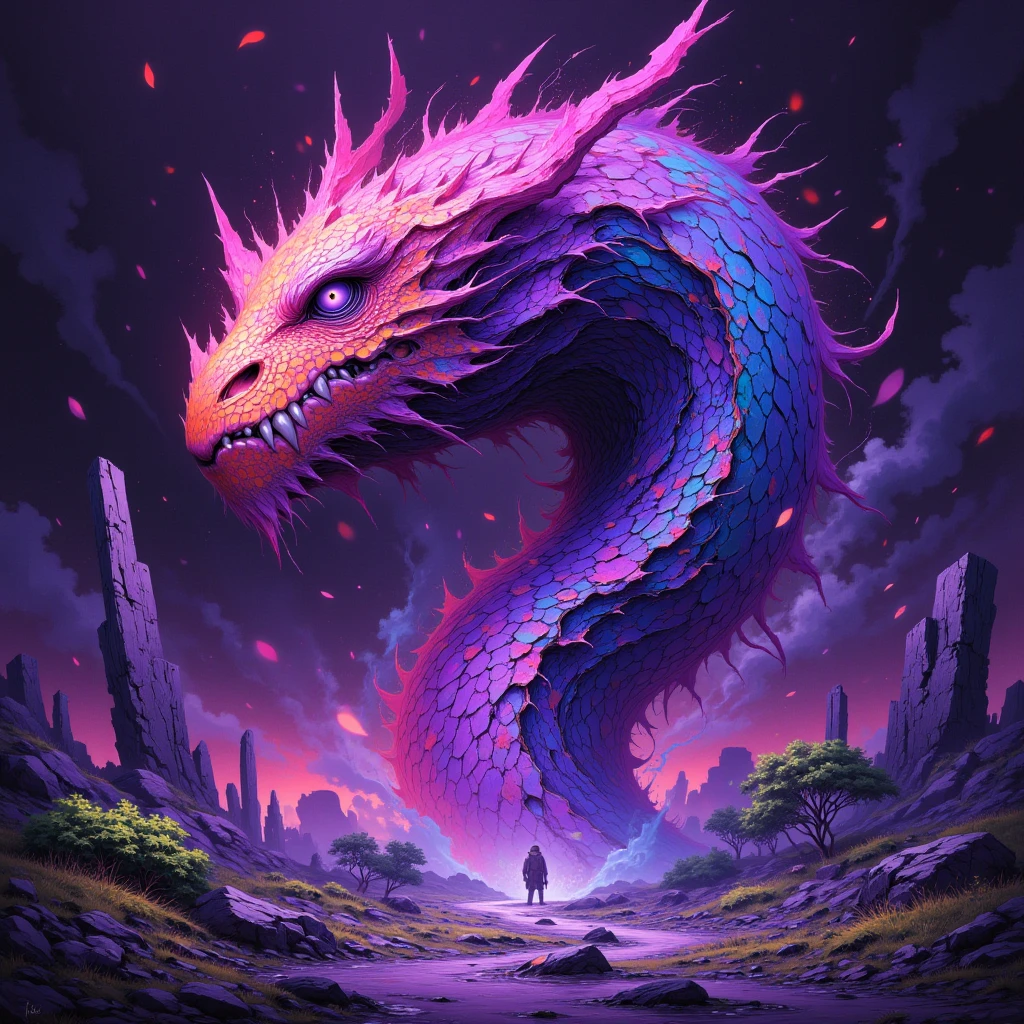 A man walks towards the Eastern Dragon on the water, light sky blue and magenta style, Expressive comic style, flowerpunk, gigantic scale, Noah Bradley