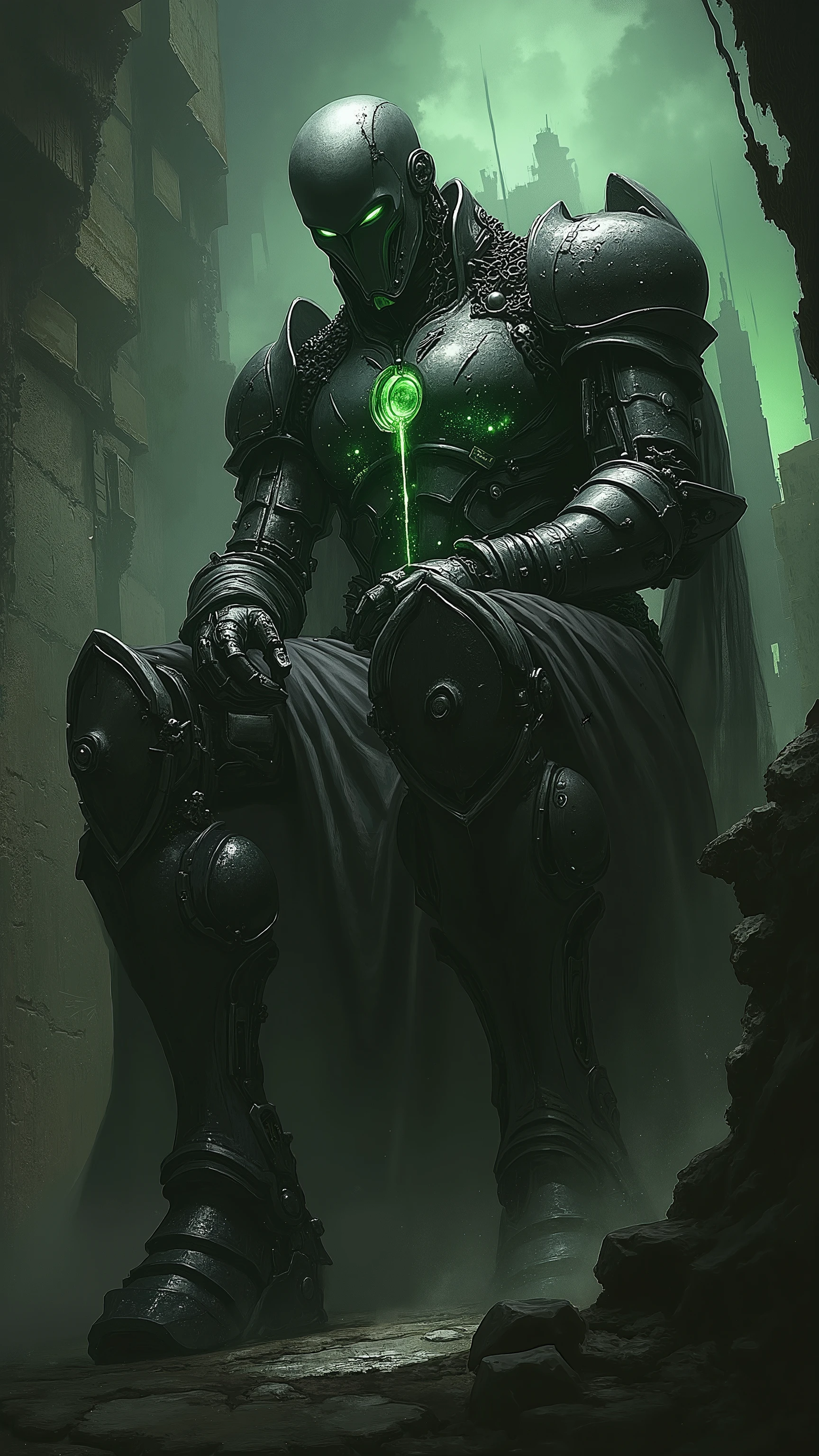 Splash art of a giant robot standing in a steampunk city, the robot wear a black metal armor with glittering green neon light, silhouetting, the robot is sitting on a throne, camera angle from below, dramatic lighting, cinematic