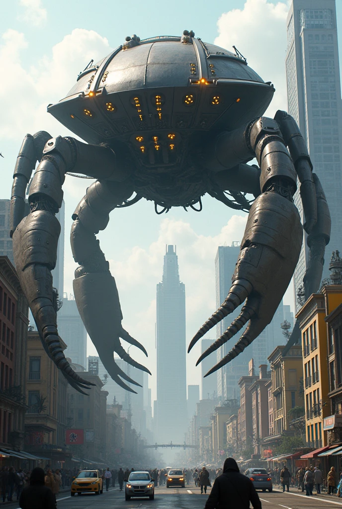 Giant crab-shaped robot in the City, view from below, 