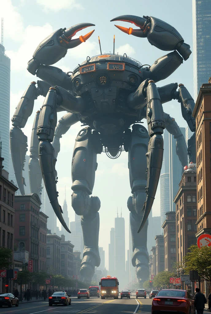 Giant crab-shaped robot in the City, view from below, 