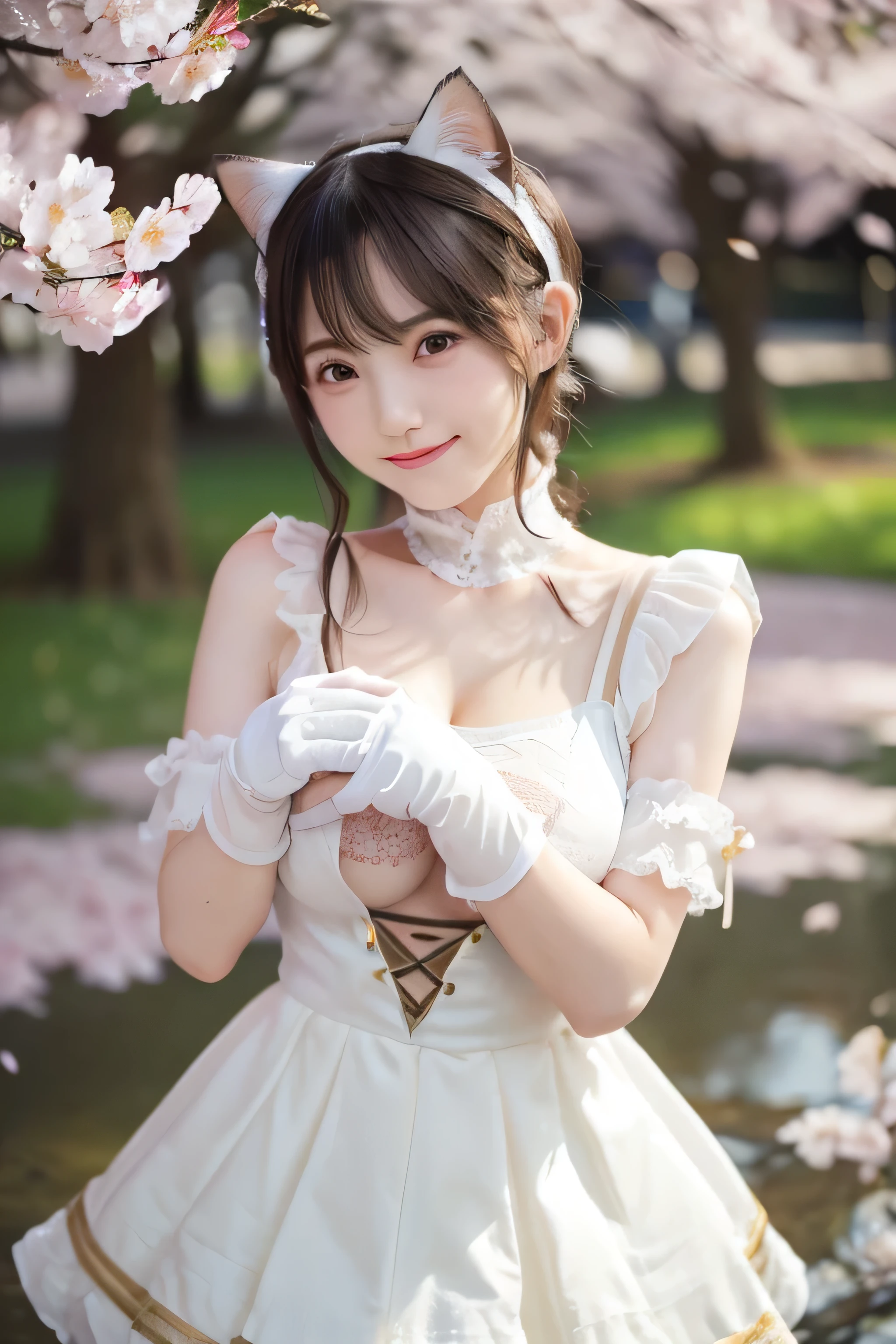 (nsfw), sexy stylish Thai model, only 1 female, ((doll-like appearance)), short lilac stylish hair, ((shiny Victorian-Style boots)), (big smile), ultra detailed eyes, vivid eye makeup, lipgloss, long lashes, defined eyebrows, ((sexy Paradise Kiss cosplay)), bell-shaped skirt, petticoats, high neckline, puffed sleeves, ((ultra detailed lace)), ((ultra detailed embroidery)), intricate details, Paradise Kiss accessoires and matching headpiece, choker, ((large sparkling Paradise Kiss jewelry)), cinematic light, detailed large park background with trees