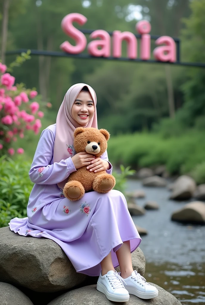 Beautiful Korean girl with white skin. Well-groomed face, sweet smile, sitting on a rock next to the waterfall, surrounded by small red and pink flowers, and rabbits wandering around the flowers, smiling faintly, long red hijab with a combination of pink, red knitted shirt with a combination of pink decorated with cherry motifs , red cropped trousers with pockets, the background is a waterfall surrounded by cliffs covered with green moss and vast mountains. and beautiful flowers.. , original and realistic photos