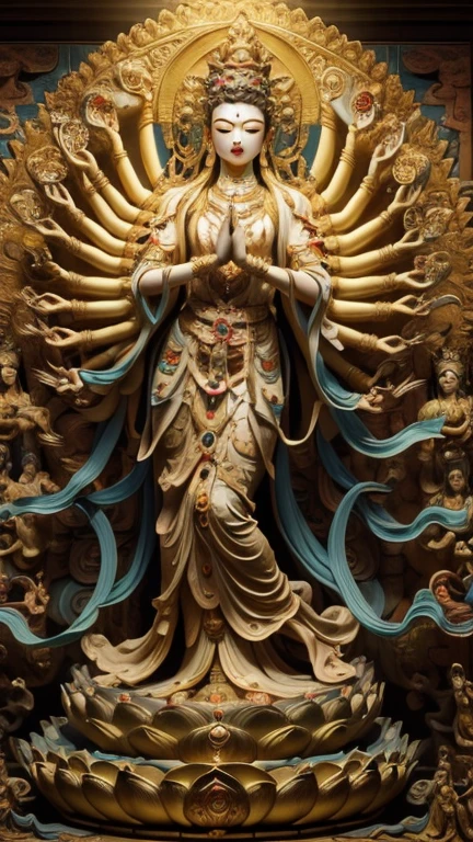a close up of a statue of a woman holding a fan, guanyin of the southern seas, guanyin, sculpture made of gold, bodhisattva, contented female bodhisattva, golden sacred tree, extremely detailed goddess shot, full view, full front view, by Kanō Tan'yū