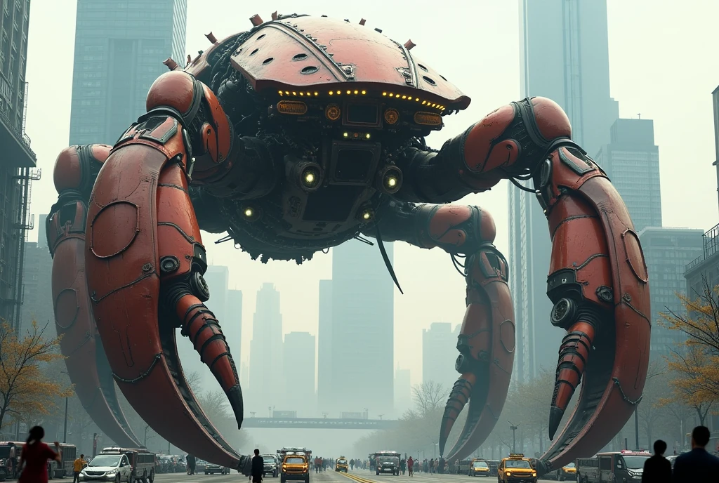 Giant crab-shaped robot in the City, view from below, 