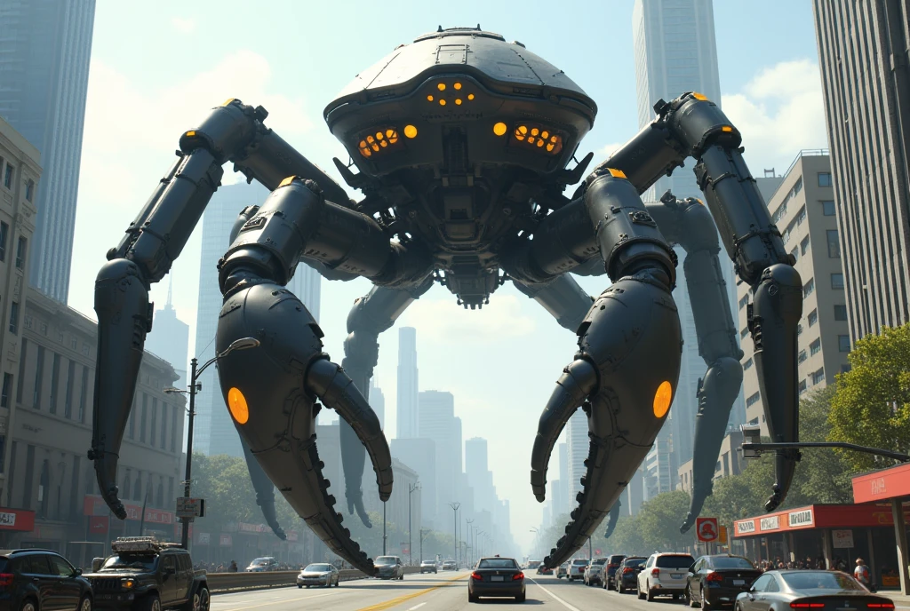 Giant crab-shaped robot in the City, view from below, 
