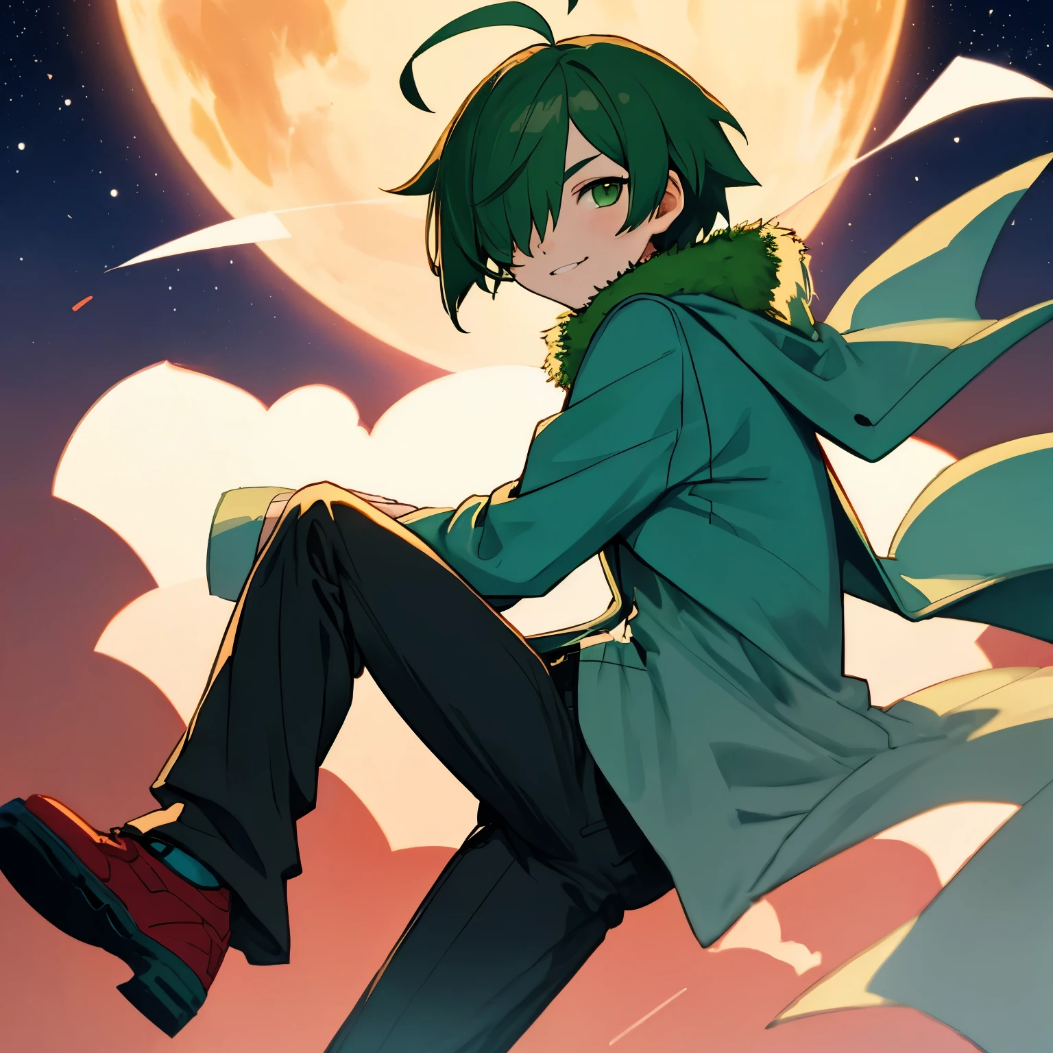(boy), green ivy hair, green eyes, short cut, side part, ahoge, hair over one eye, thin eyebrows, young, expressionless, alone, short, Shota, solo, acrobat Style, outside, at night, Thin, falling, reverse position, grinning, serious look, intelligent, determined, looking at viewer, coat, pants, in the sky