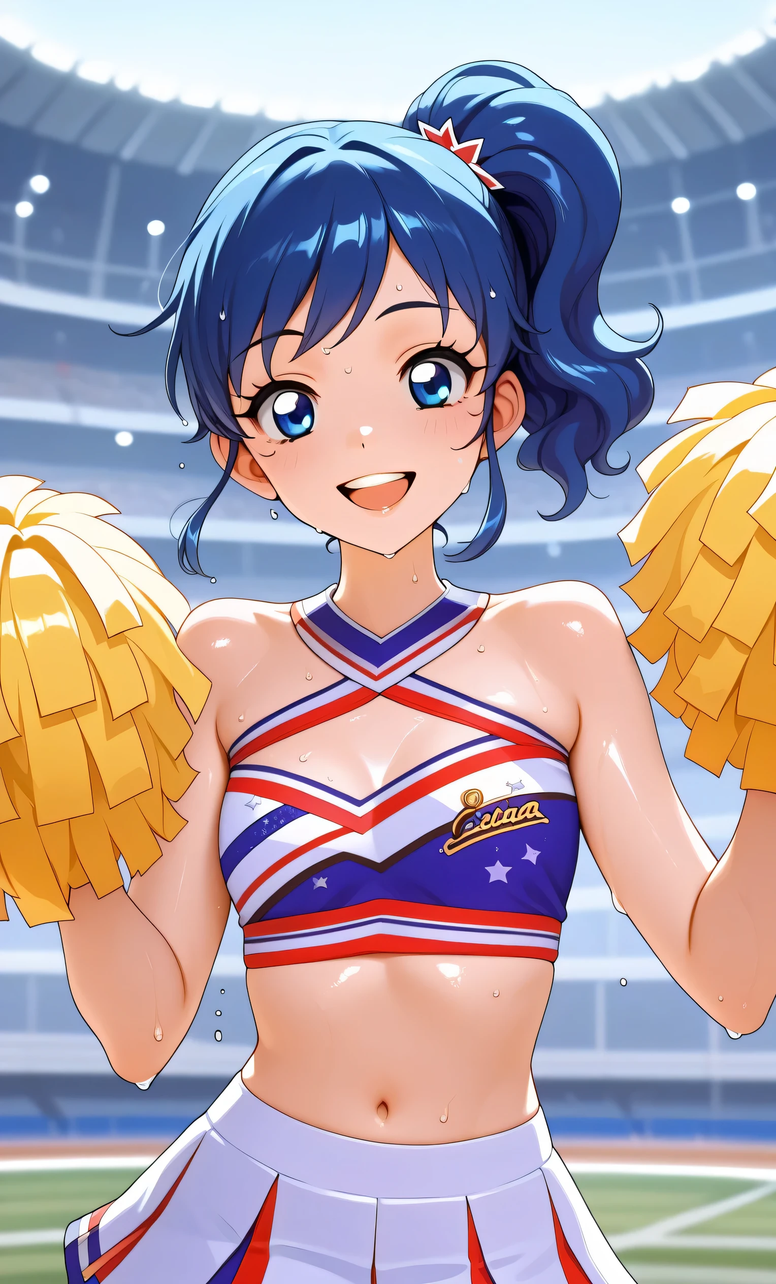 (Masterpiece, Top Quality, Super High Resolution), A Japanese Woman, (((Very Beautiful *********** Girl))), Cute Girl, Look at the Photographer, (()), very cute face, glossy lips, double eyelids, natural smile, natural makeup, long eyelashes, shiny and smooth hair, perfect limbs, perfect anatomy, (((shiny chia Leader uniform, cheerleader, cheerleader, tube top)))) Stadium,, wet with sweat, (((tube top)))((((open mouth smile, teeth)))),, Aoi Kiriya, 1 girl, 18 years old, blue hair, blue eyes, side ponytail