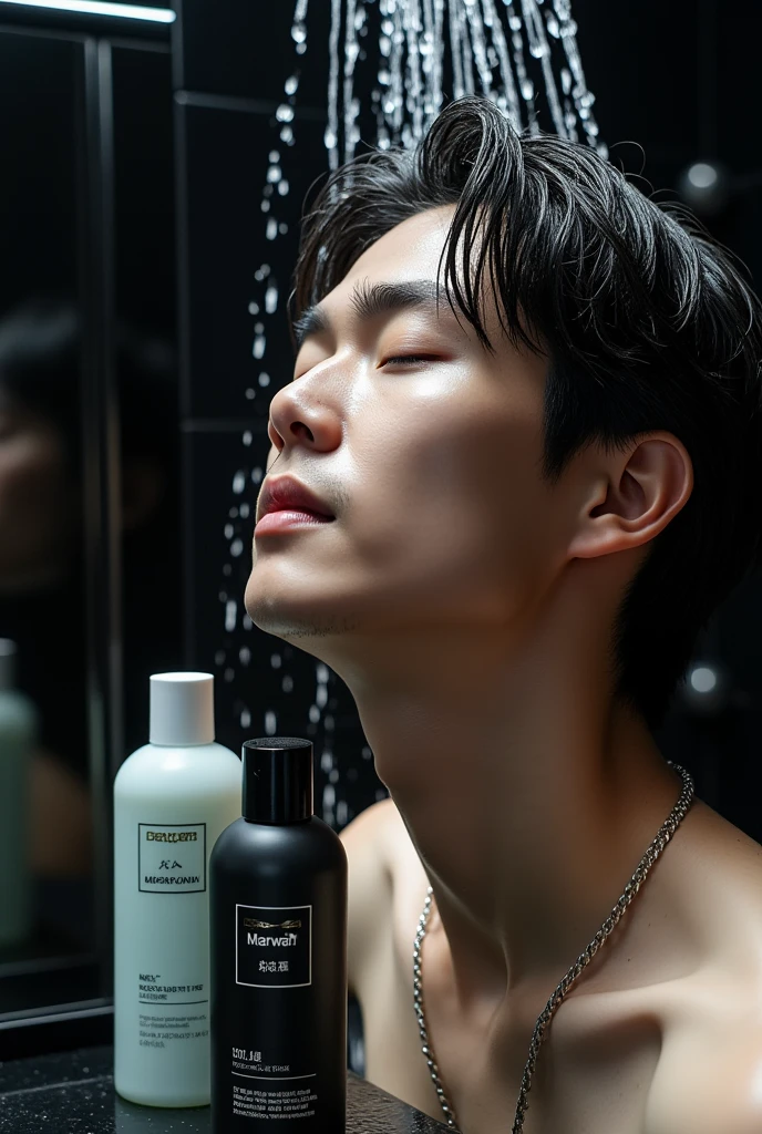 A man holding a bottle of water, With a bottle of perfume, Smooth after rain, Korean male, Handsome, head and shoulders masterpiece, Full body shot holding bottle, yanjun chengt, Beautiful people, Male Model, smooth _ Background, Handsome man, cai xukun, Inspired by Zhang Han, Take photos for skincare brands