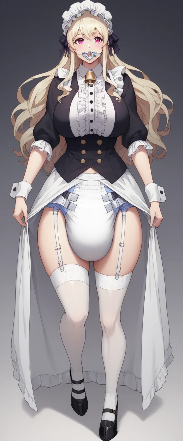 ((best quality)), ((masterpiece)), (detailed), perfect face , masterpiece , shiny skin , sexy white dress , high quality , 1girl , big , white stockings , smile , ( hair adorments ) , underpants , hands on wall , bending over , pussy wet , tall legs , ass on camera , showing ass , blonde ,