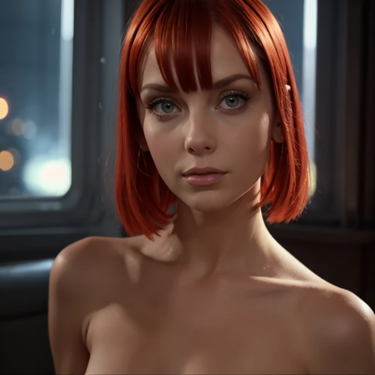 1girl, star eye, distinct, perfect lighting, distinct, green eyes, distinct, unreal engine, side lighting, slight smile, detailed face, red hair, bangs, detailed, bare bust, distinct, fair skin, busty, simple background, dark background, 4d resolution,