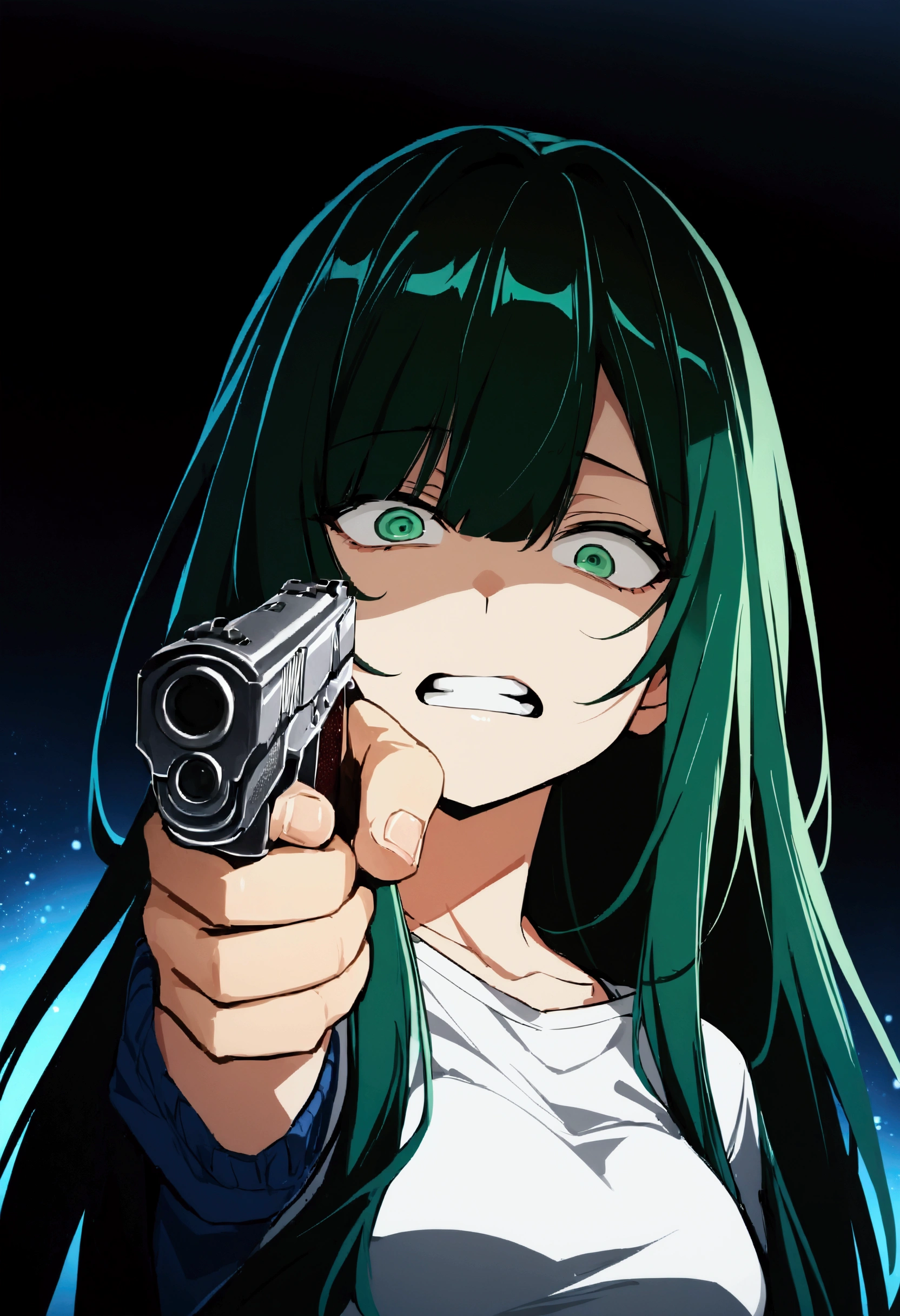 (masterpiece),(absurdres),(anime),half-closed eye,(solo lady),(20-year-old),(shiny dark green hair),(dark green eyes),(straight long hair),bangs:1.1,(()),(middle breast:0.8),(()),casual jacket,Tshirt,upperbody shot, Holding Weapons 、Pistol、 gun、 aims at people who see it、 revolver 、( put your finger on the trigger :1.1)、(Bite the bullet),(Pinch the bullet between your teeth :1.1),Floating the bullet:1.4,(holding handgun),from below,(wide-eyed),Madness、anger,in the midnight,AYANA