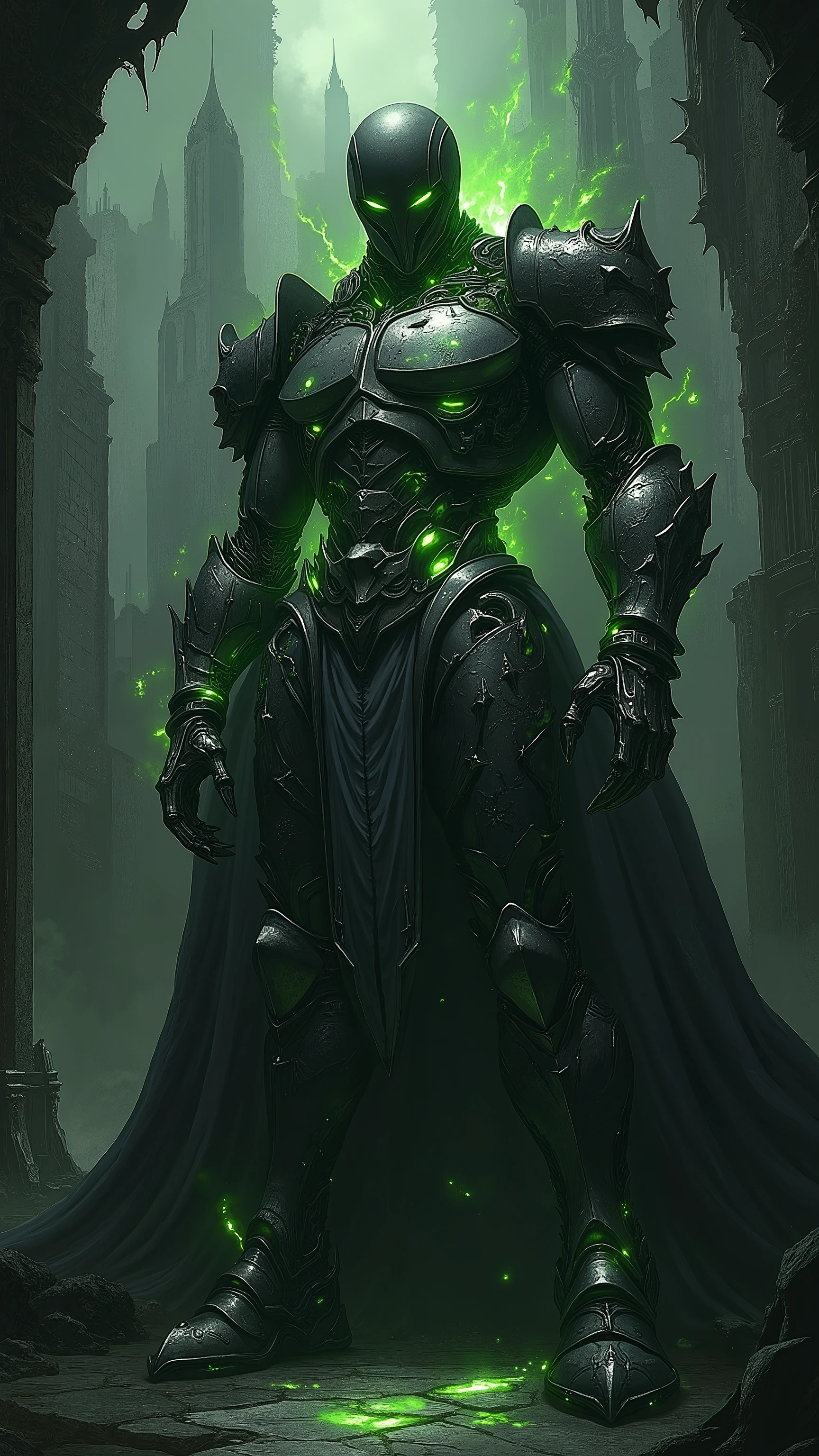 Splash art of a giant robot standing in a steampunk city, the robot wear a black metal armor with glittering green neon light, silhouetting, the robot is sitting on a throne, camera angle from below, dramatic lighting, cinematic