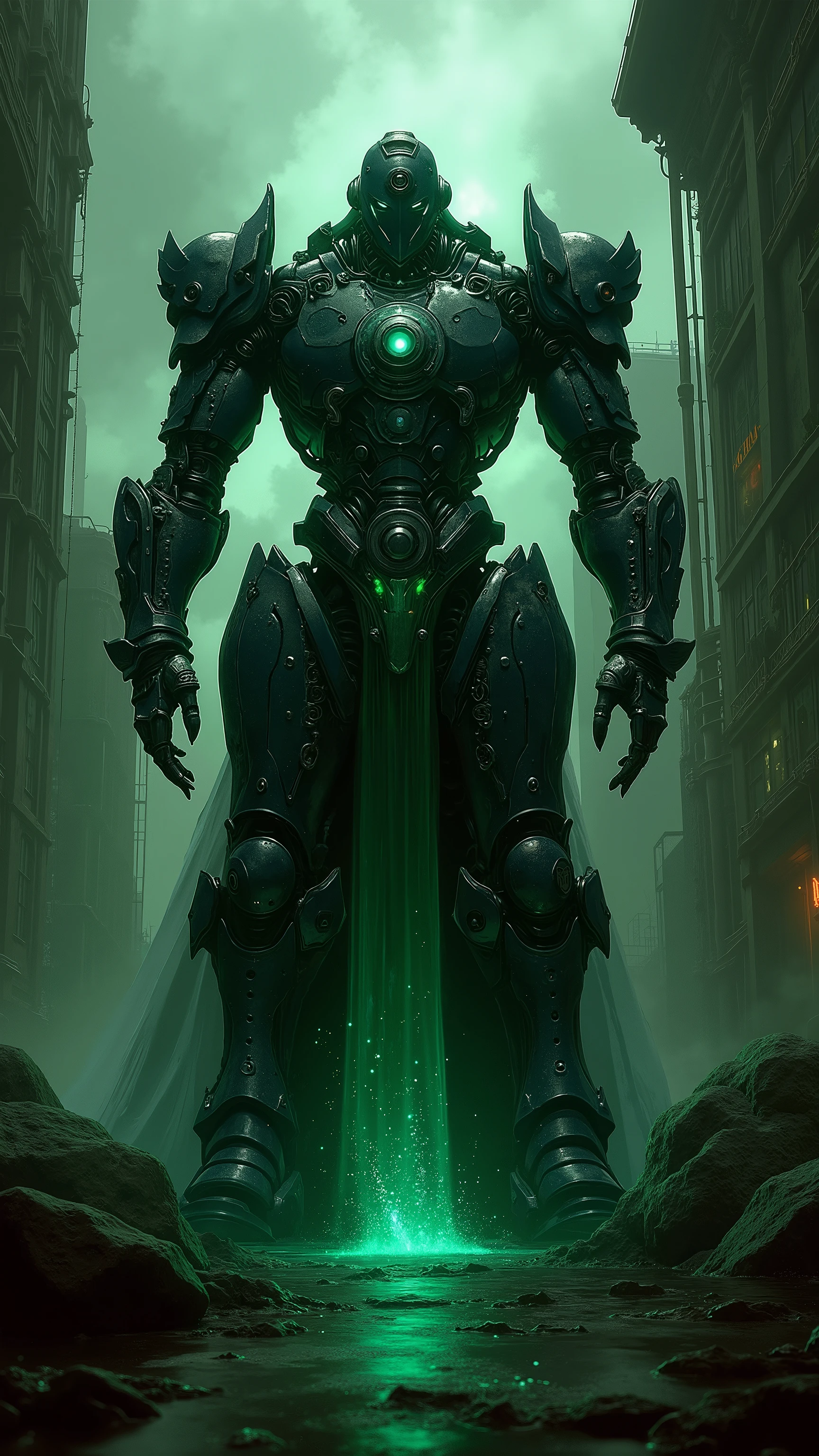 Splash art of a giant robot standing in a steampunk city, the robot wear a black metal armor with glittering green neon light, silhouetting, the robot is sitting on a throne, camera angle from below, dramatic lighting, cinematic
