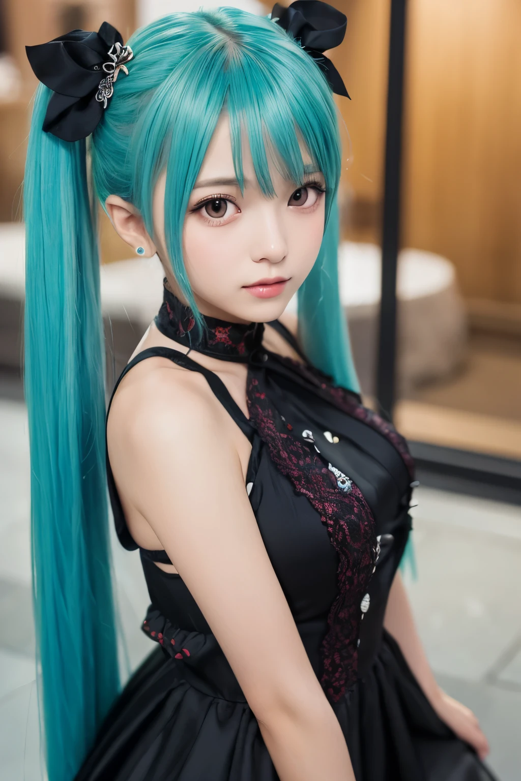 15 years old、woman、masterpiece, Hatsune Miku,、Evil Smiley Face, Dark Skin, Red eyes, Iris, Pupil orange,front、Oiran、Chest empty、whole body、Mikoshi (portable shrine)、Sitting