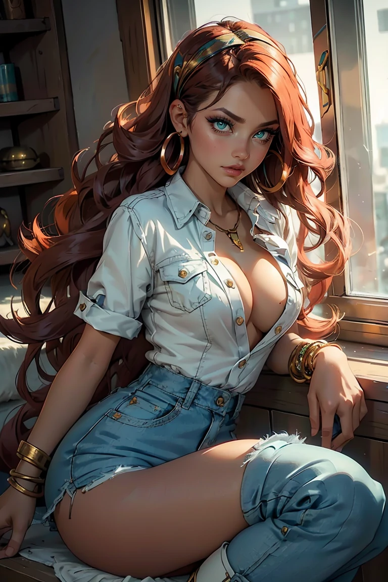 beautiful 30 year old woman,long jade hair,soft green eyes,big bouncing breasts,skin tight shirt,no bra,skin tight jeans,no panties,standing on the dead sea,(best quality,4k,8k,highres,masterpiece:1.2),ultra-detailed,(realistic,photorealistic,photo-realistic:1.37),HDR,UHD,studio lighting,ultra-fine painting,sharp focus,physically-based rendering,extreme detail description,professional,vivid colors,bokeh,portraits
