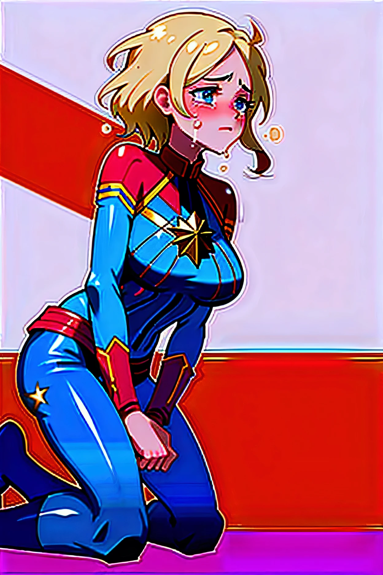 Captain Marvel kneeling, dirty, sweat, scared, tears in eyes, (((crying))), large breast, facing camera