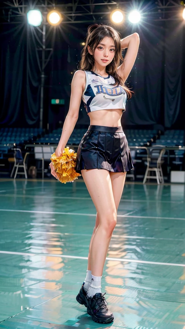 28 year old female cheerleader,White shirt,thick polyester pleated gray knee length midi skirt,knee high combat boots,long braided pigtails, (large breasts: 1.8),(pee her pleated skirt:1.3),need to pee posture,(in line of cheerleaders waiting for bathroom:1.5)、RAW photography, top-quality, A high resolution, (masterpiece), (Photorealsitic:1.4), 8K分辨率, intricately details, depth of fields, the Extremely Detailed CG Unity 8K Wallpapers, Frontlighting, full body shot, cheerleader needs to pee very urgently, waiting in line for bathroom, (legs crossed trying to close pee hole: 1.5) (cross-eyed as pee forces out into her skirt: 1.5), embarrassed, blushing, ashamed, crying out in disbelief, (defeated accepting the inevitable peeing herself waiting for bathroom: 1.8), girl forced to pee through her pleated cheerleading skirt,