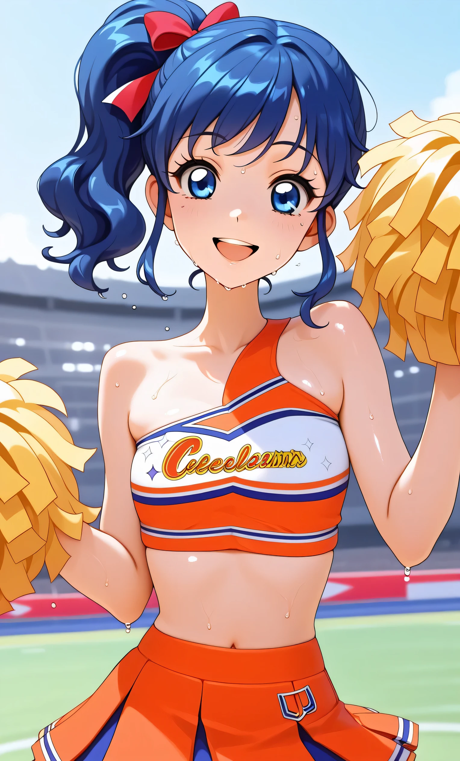 (Masterpiece, Top Quality, Super High Resolution), A Japanese Woman, (((Very Beautiful *********** Girl))), Cute Girl, Look at the Photographer, (()), very cute face, glossy lips, double eyelids, natural smile, natural makeup, long eyelashes, shiny and smooth hair, perfect limbs, perfect anatomy, (((shiny chia Leader uniform, cheerleader, cheerleader, tube top)))) Stadium,, wet with sweat, (((tube top)))((((open mouth smile, teeth)))),, Aoi Kiriya, 1 girl, 18 years old, blue hair, blue eyes, side ponytail