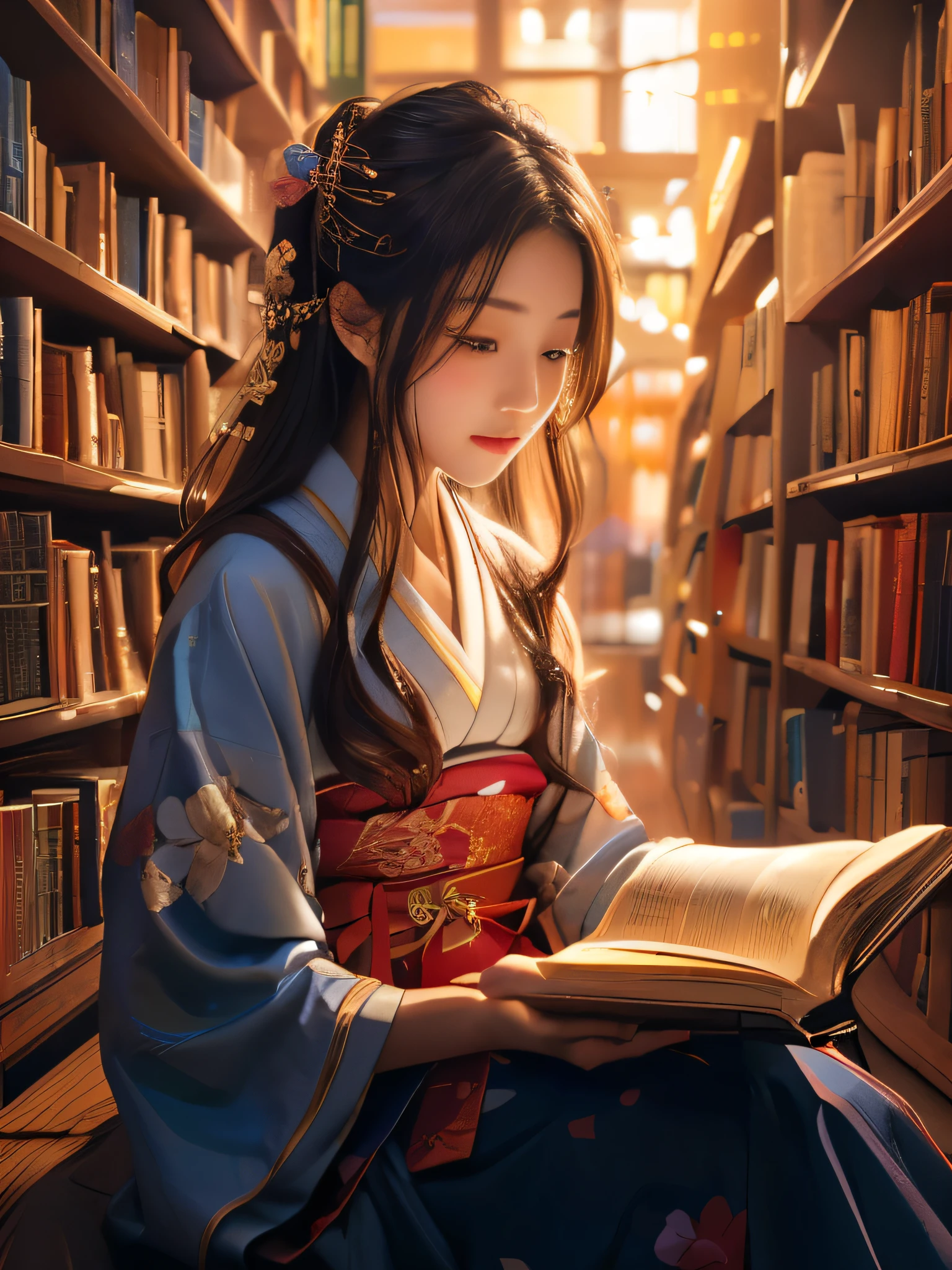  a maiden reading a book madly in the library、She's a Japanese 、She's a girl in love 