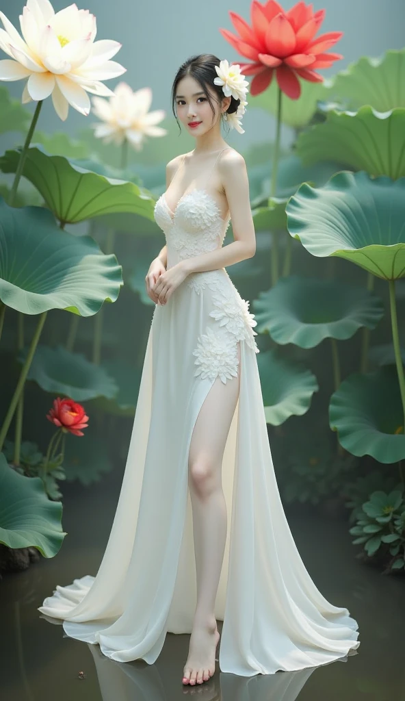 A tall, good-looking, beautiful fashion female model, a full-body photo, an elegant and picturesque exquisite lace skirt, simple design, and smooth texture, creating a fresh, bright and goddess feeling.