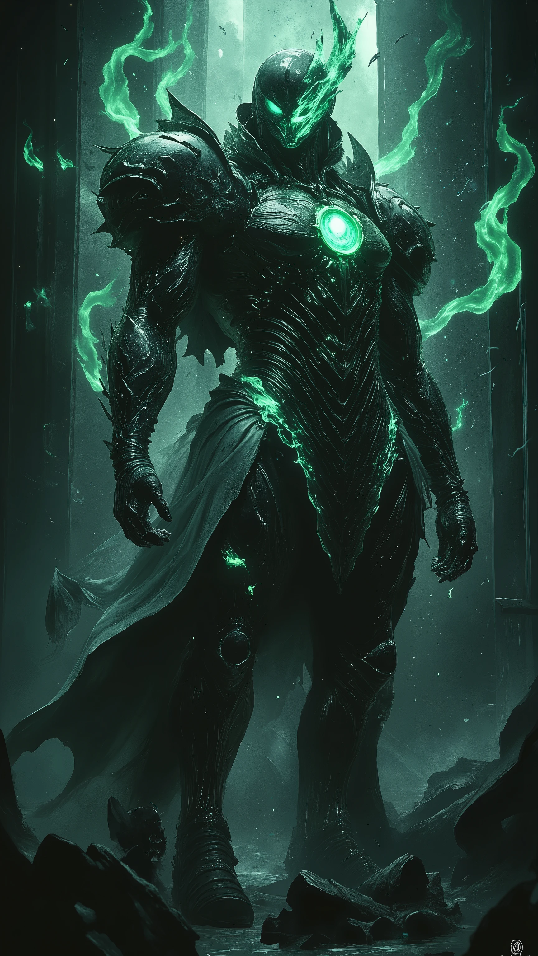 Splash art of a giant robot standing in a steampunk city, the robot wear a black metal armor with glittering green neon light, silhouetting, the robot is sitting on a throne, camera angle from below, dramatic lighting, cinematic