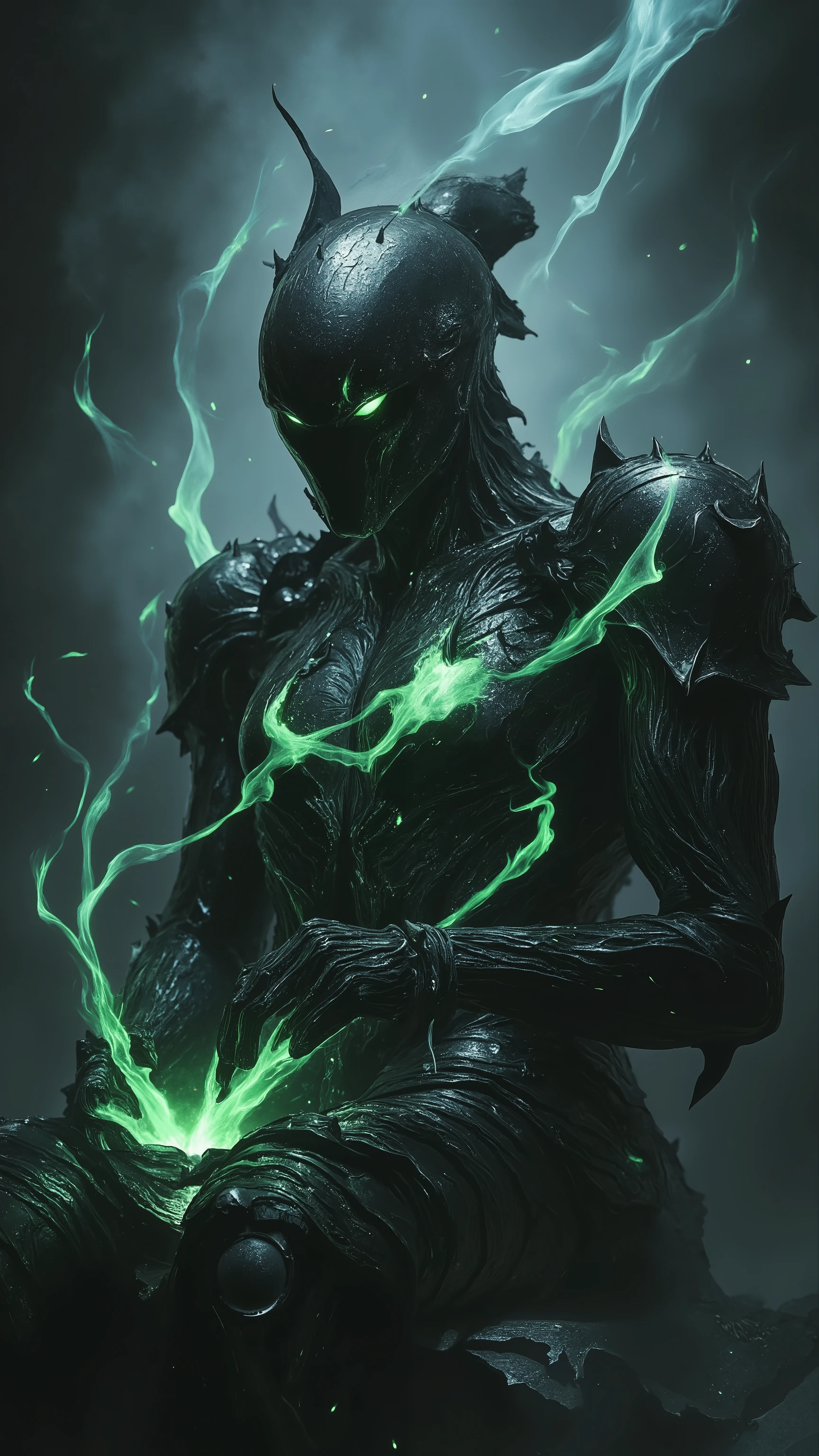 Splash art of a giant robot standing in a steampunk city, the robot wear a black metal armor with glittering green neon light, silhouetting, the robot is sitting on a throne, camera angle from below, dramatic lighting, cinematic