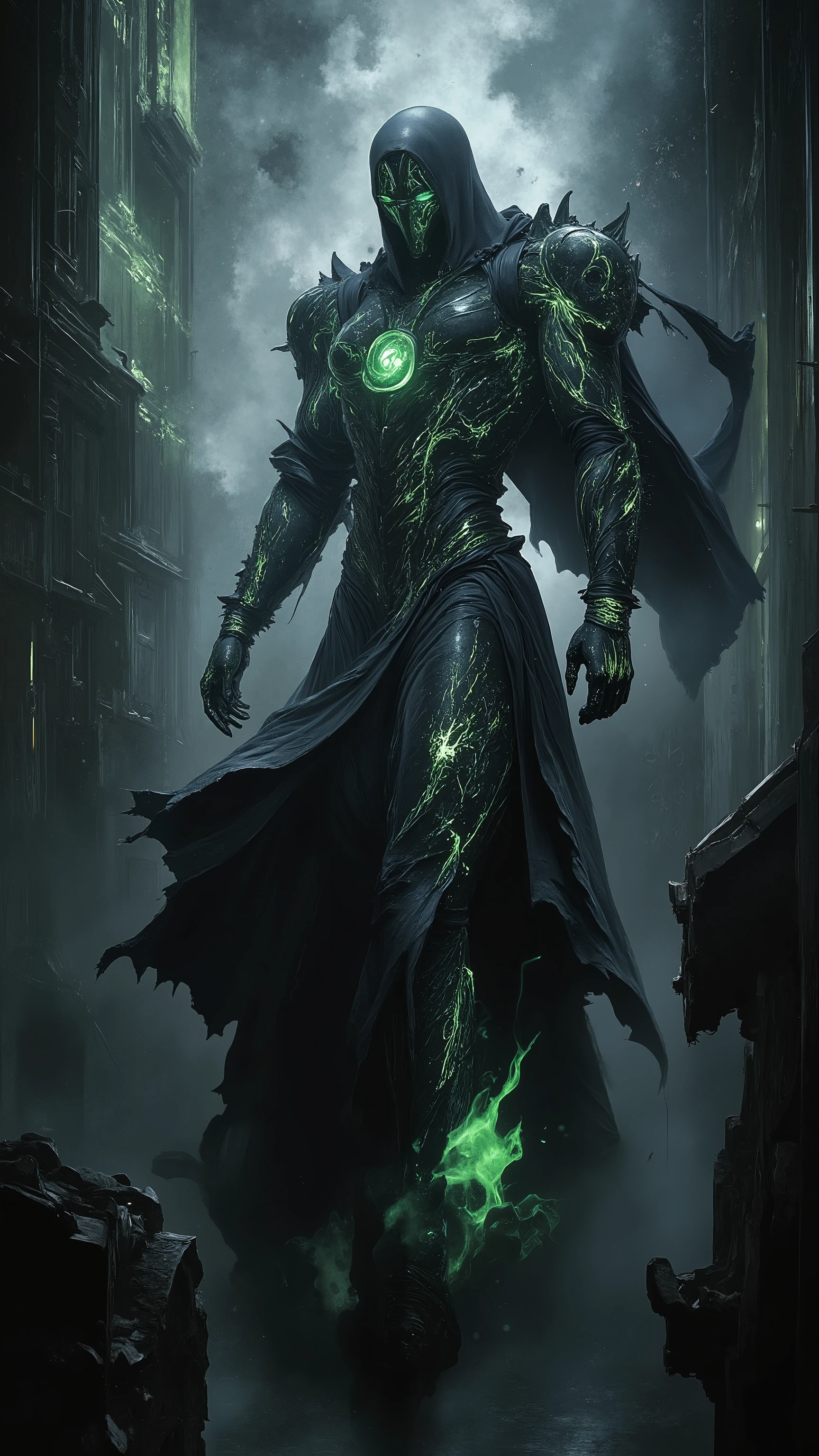 Splash art of a giant robot standing in a steampunk city, the robot wear a black metal armor with glittering green neon light, silhouetting, the robot is sitting on a throne, camera angle from below, dramatic lighting, cinematic