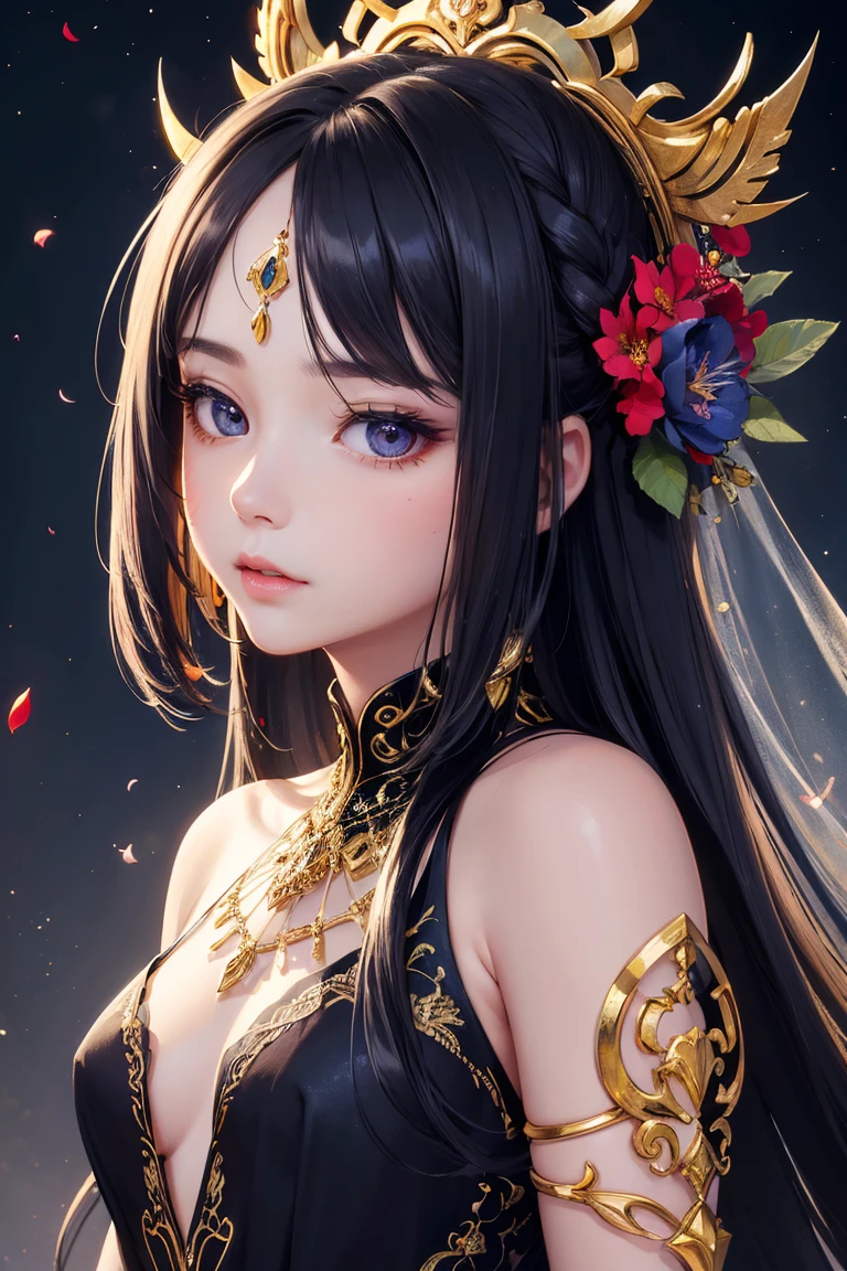 portrait of a beautiful (((petit))) , no bangs. Long hair, gorgeous Korean, flower clothes, (( clothes)), nebula sky, starry sky, cinematic lighting, petals, beautiful detailed eyes, beautiful detailed lips, extremely detailed face, long eyelashes, best quality, 4k, 8k, highres, masterpiece, ultra-detailed, photorealistic, photo-realistic, hdr, uhd, studio lighting, ultra-fine painting, sharp focus, physically-based rendering, extreme detail description, professional, vivid colors, bokeh), spider lily petals, face jeweled mask on face, intricate gold design mask