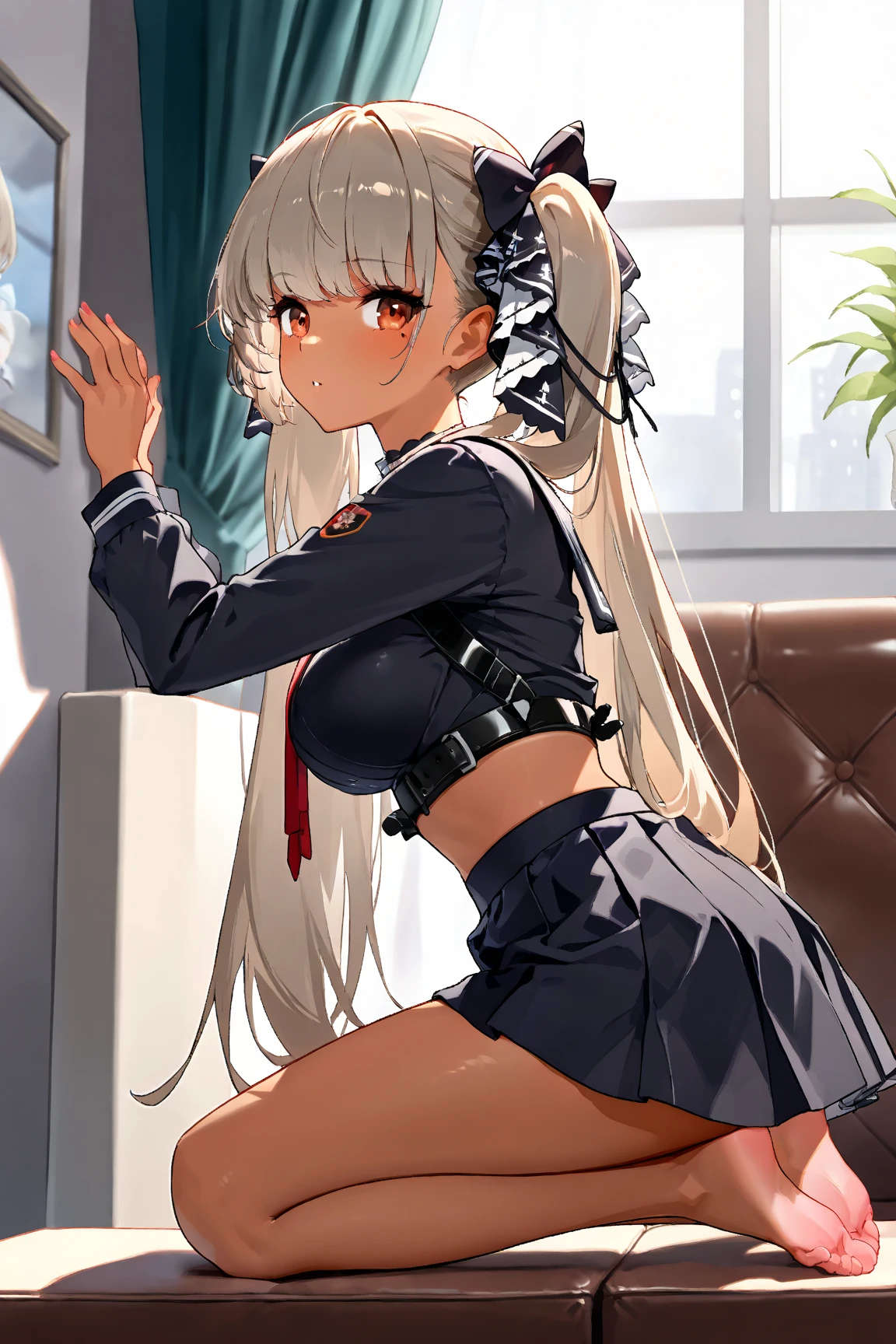 (masterpiece:1.2、highest quality、Tmasterpiece)、1 female、alone、classroom、Day、stand、whole body、Beauty、blonde、ponytail、Red eyes、(Sailor suit:1.4)、(Dark Skin:1.4)、Blake、Big Breasts、Big Butt、Long sleeve、corset、Earrings、lipstick、(pantyhose:1.2)、mini skirt、Very sweaty、choker、blush、Covered breasts、Bangs braids、(Thick lips:1.2)、(Dildo Riding from the back:1.4)