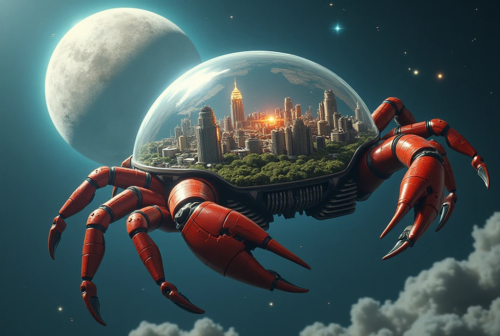 A giant crab-shaped robot is flying through space, passing by a very large star, its shell is a transparent dome, and a city where people live can be seen inside the shell, a view from above,